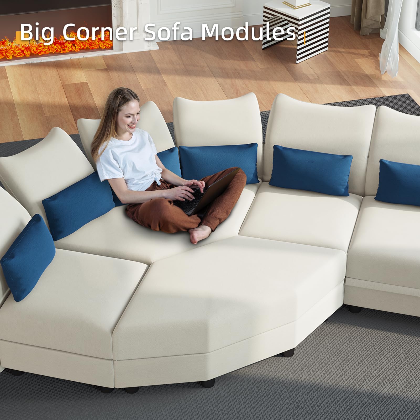 LLappuil Oversized Sleeper Sectional Sofa Couch, 91" 4Seater Bed Shaped Modular Sectional Sofa