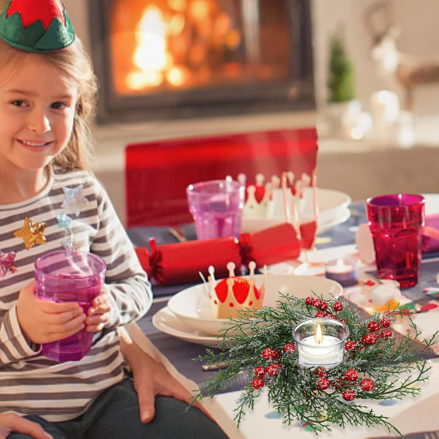 6 Pcs Christmas Candle Rings Wreath Artificial Candle Rings with Red Berry, Snowy Pine Garland Candle Ring Holder for Christmas Decorations Table Centerpiece