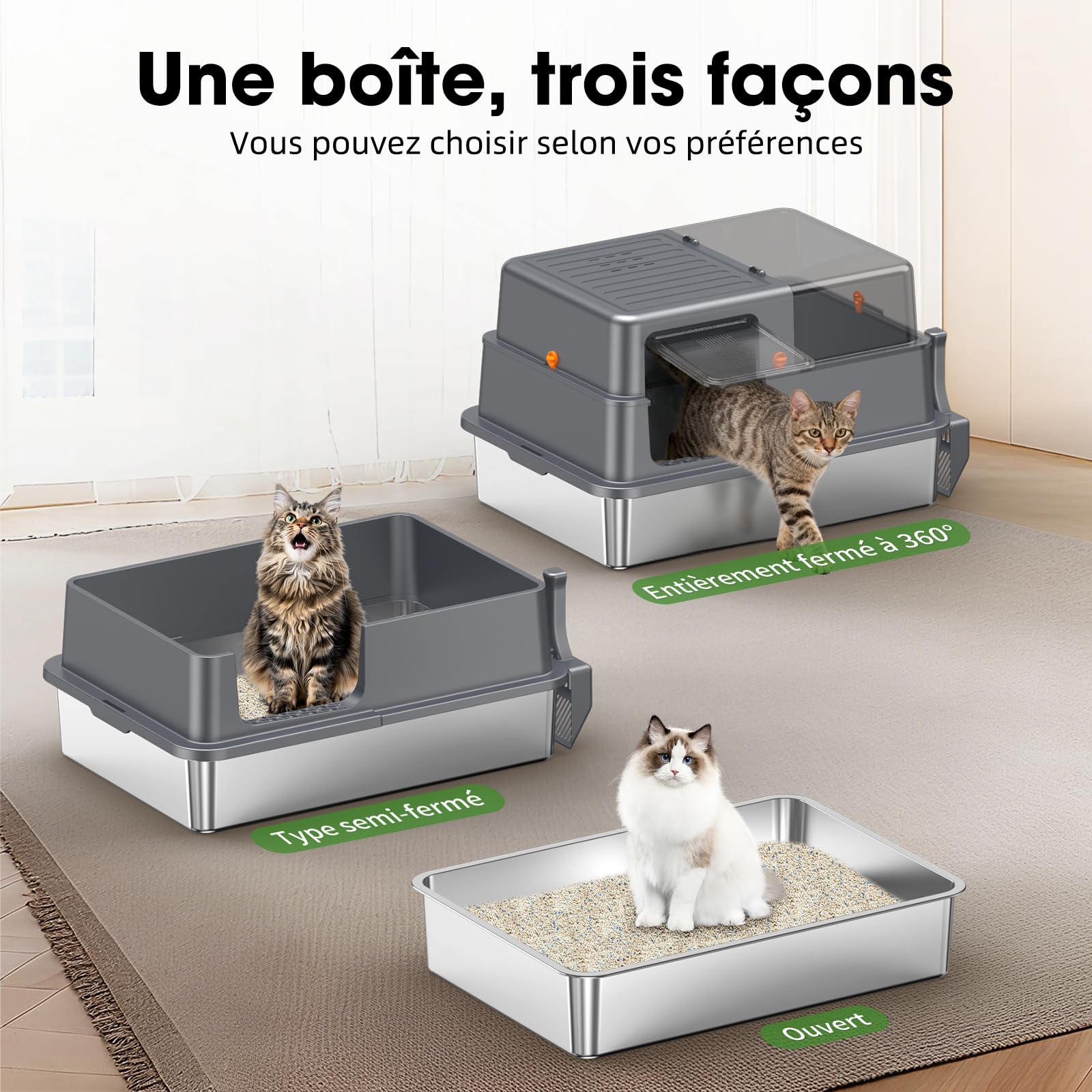 Bac à Litière INOX XXXL – Grand Bac Ouvert pour Chat, Gris foncé | Bords Hauts Anti-Fuite, Panneaux Semi-Transparents, Cuve Profonde Amovible, Surface Antiadhésive, Nettoyage Facile