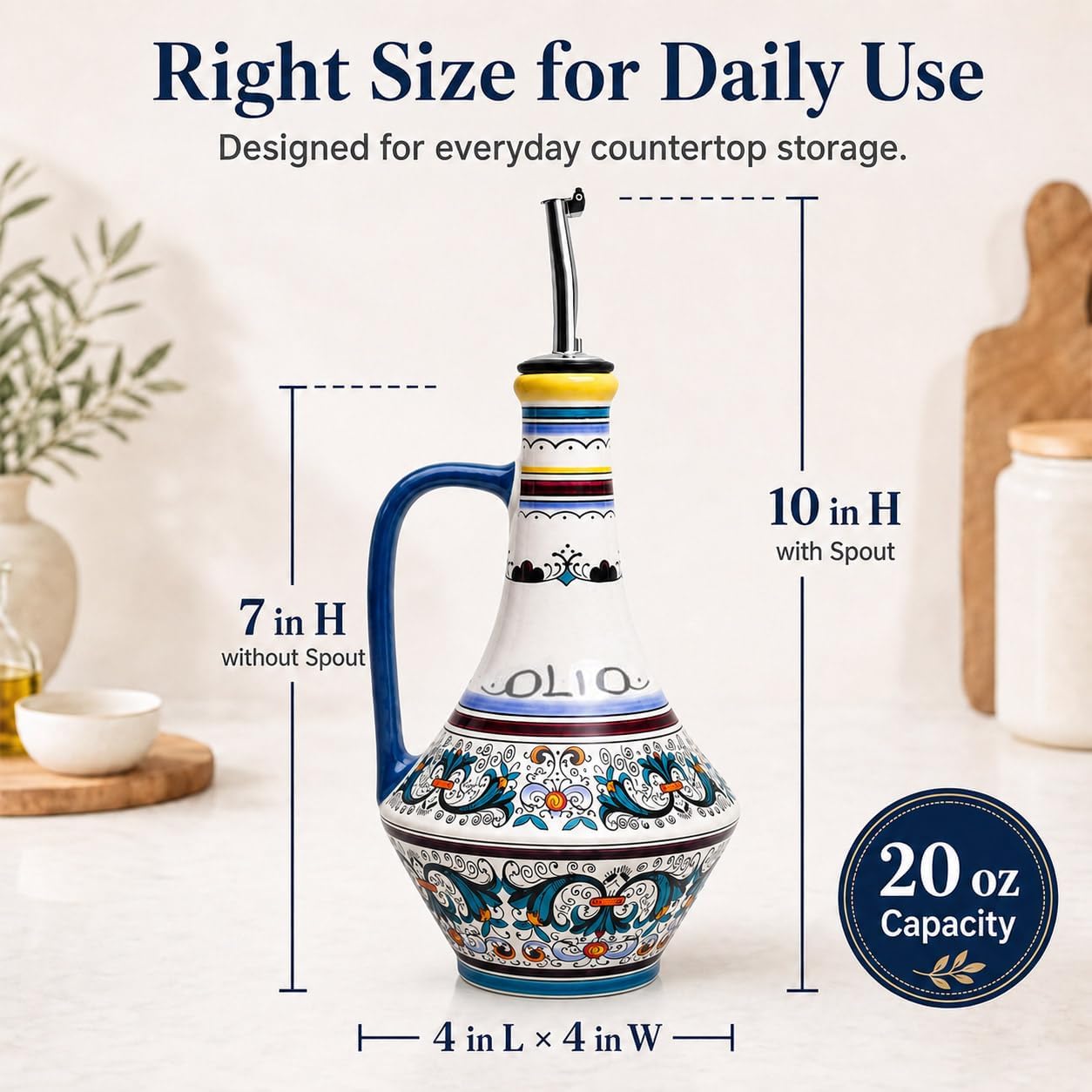 Ceramic Olive Oil Dispenser Bottle, 18.3 oz Oil Cruet with Spout and Handle, Hand-Painted Floral Pattern, Non-Drip Pourer for Kitchen Counter, Salad Dressing, Vinegar, Decorative Oil Container