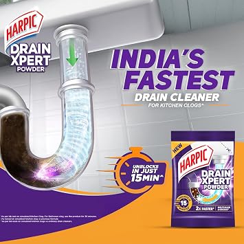 Harpic Drain Xpert Drain Cleaner Powder 50g | Effective sink cleaner, drain blockage remover, drain pipe cleaner