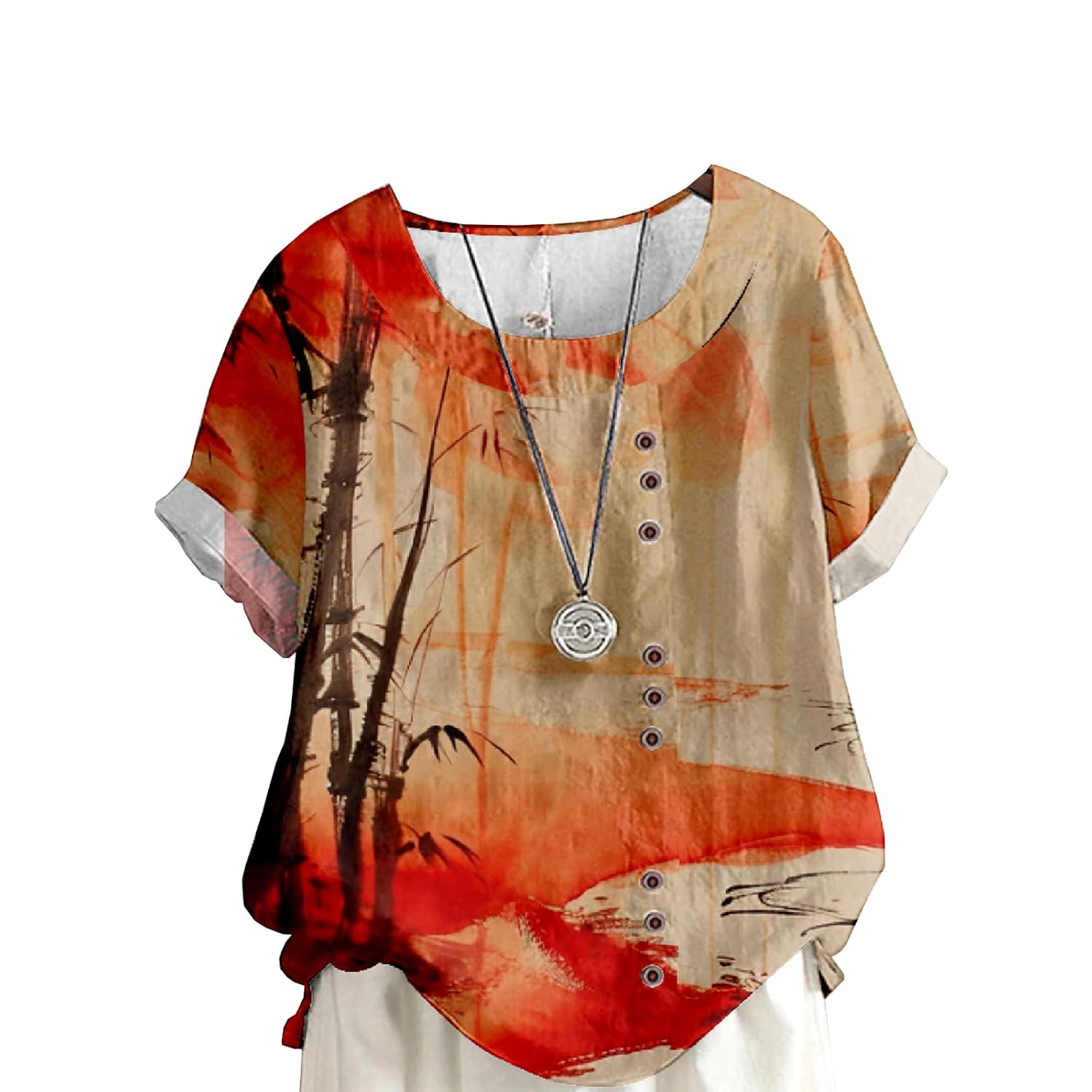 Womens Vintage Linen Tops Short Sleeve Boho Summer Graphic Tees Tunic Shirts Casual Loose Button Blouses