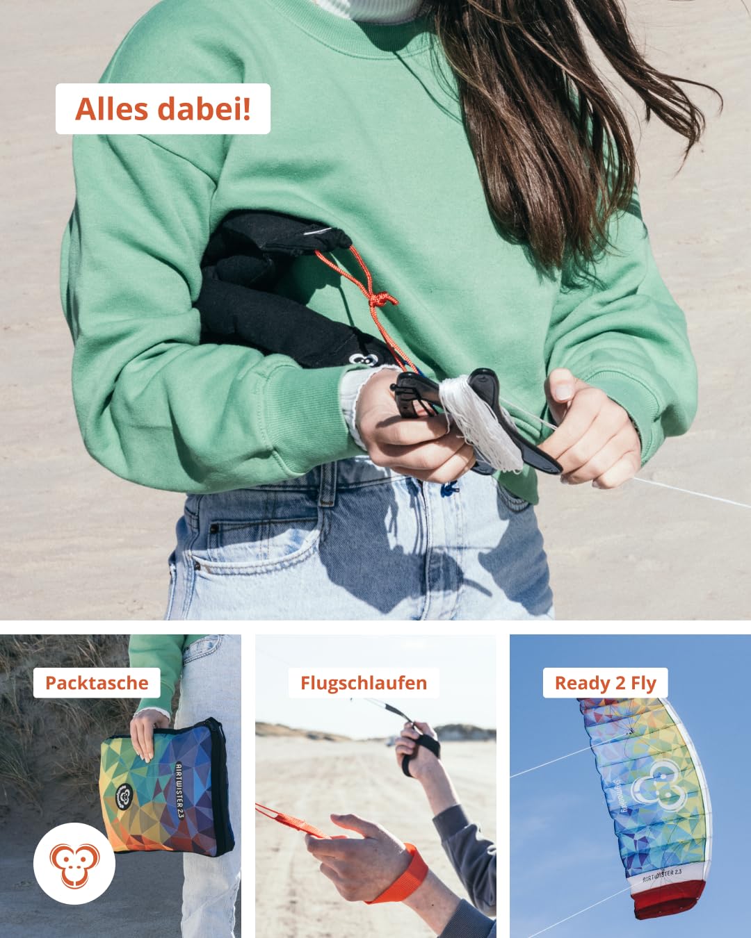 Skymonkey Airtwister Lenkmatte inkl. Packsack & Flugschlaufen - Lenkdrachen bereits fertig angeleint, Ready to Fly - Kite mit stabilen Polyester Ripstop Material, Flugdrachen für Einsteiger geeignet