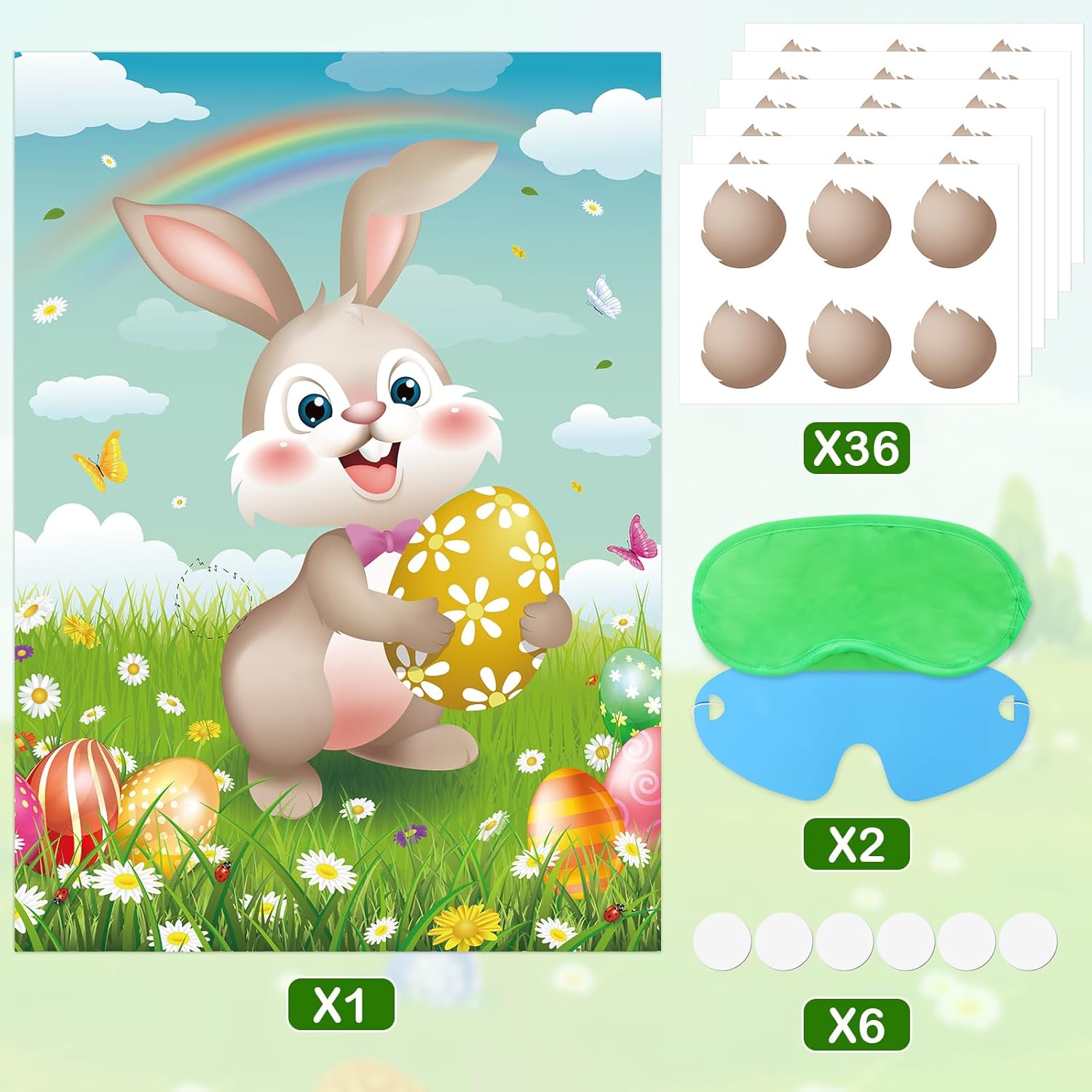Pin The Tail on The Bunny Game with 36 Tail Stickers Happy Easter Party Game for Kids Easter Egg Hunt Activities, Large Bunny Game Poster for Happy Easter Party Decoration Supplies