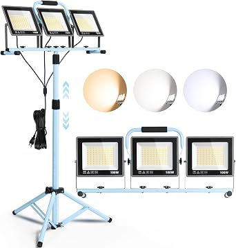 31000LM 3 Head Work Lights with Foldable Tripod Stand, 3000K/5000K/6500K Color Temperature Select LED Work light with Individual Switch & 16.5FT Cords, IP66 Waterproof Worklights for Portable Lighting