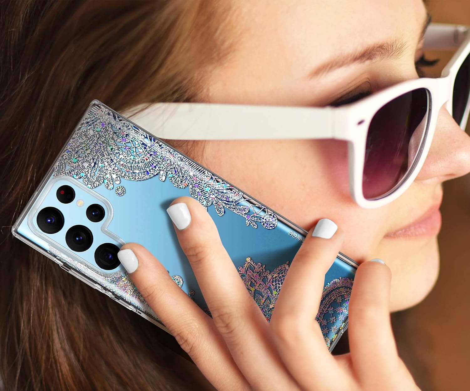 Coolwee Clear Glitter for Galaxy S22 Ultra - 6.8" Thin Flower Slim Cute Crystal Lace Bling Women Girl Floral Plastic Hard Back Soft TPU Bumper Protective Cover for Samsung S22 Ultra Mandala Henna