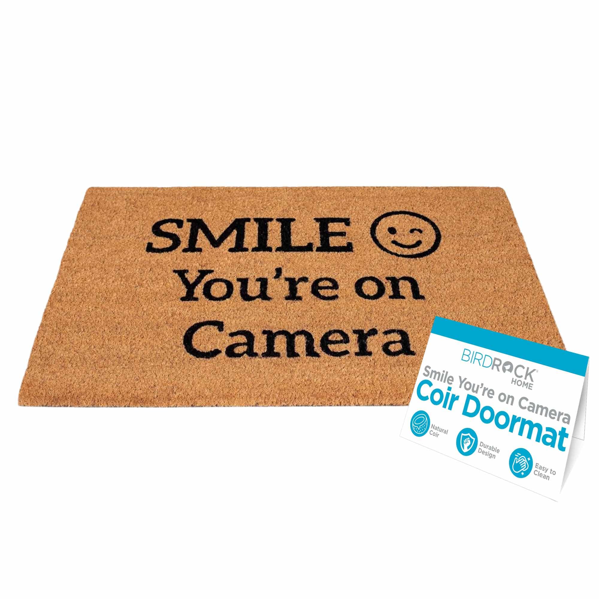 BIRDROCK HOME Smile You're On Camera Doormat - Front Door Mat for Indoor Outdoor Entrance - Black Border Rug for Entryway, Porch, Patio, House, or Backdoor - Low Profile, Easy to Clean - 18x30
