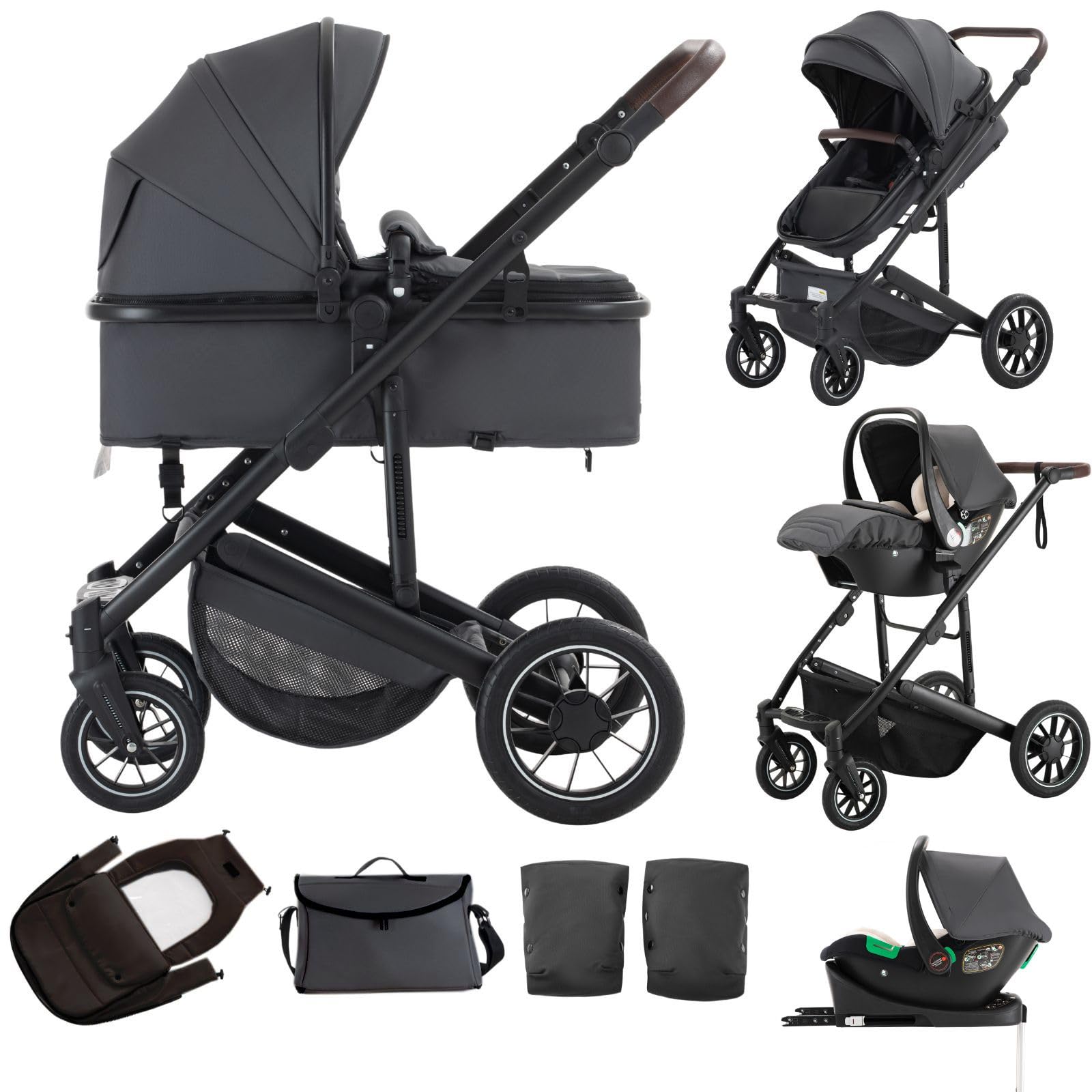 Poussette 3 en 1 Avec Base ISOFIX & Siège Auto, Stroller Bebe Confort, Poussette à Poignée Réglable-Inclut Couvre-Pieds, pour Bébés 0-4 ans,Gris foncé