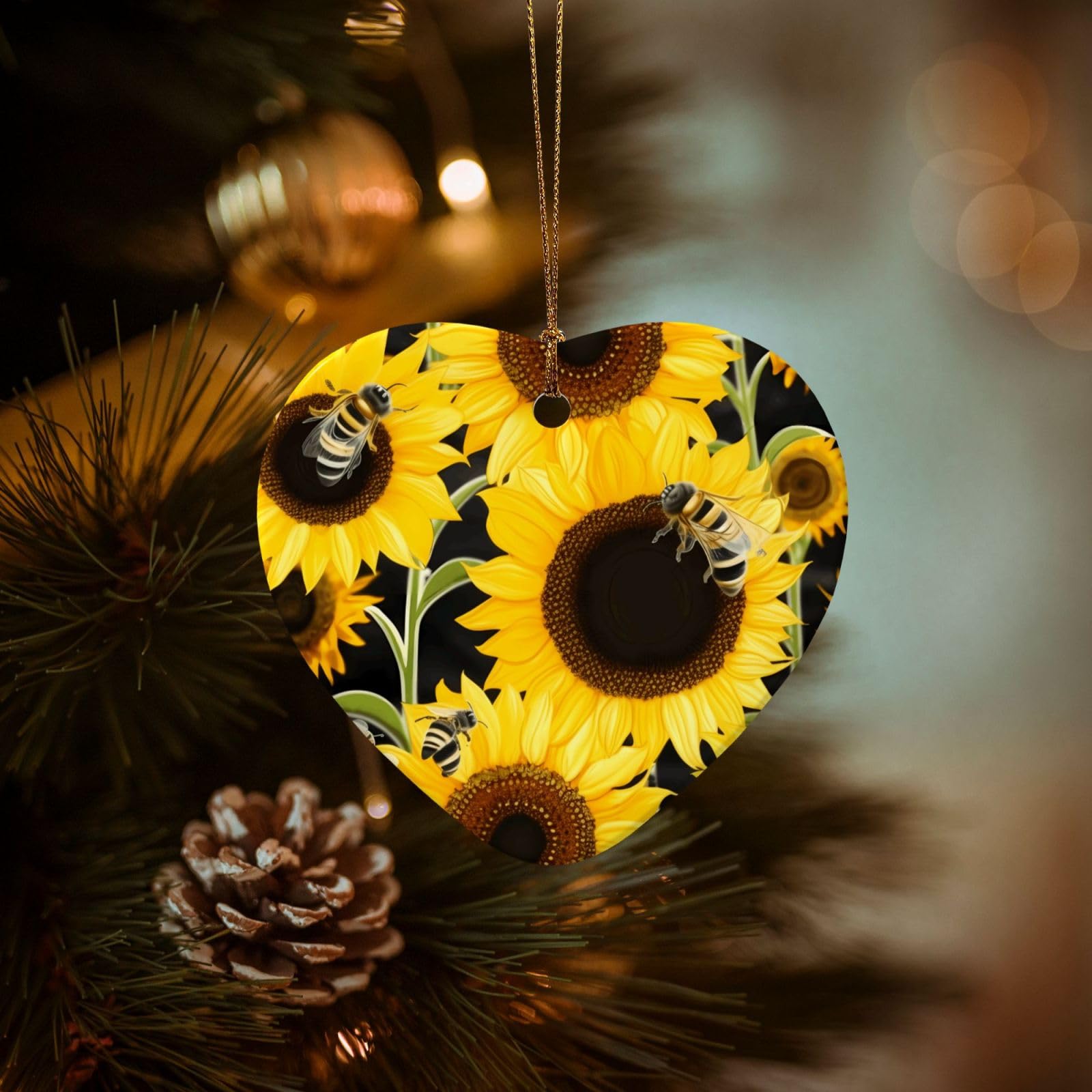 Christmas Ornaments for Christmas Tree Decoration Hanging Sunflower Bees Ornament with Gold Ribbon Crafts Heart Shape Ceramic Pendant for Keepsake Gifts Xmas Decor Party Supplies