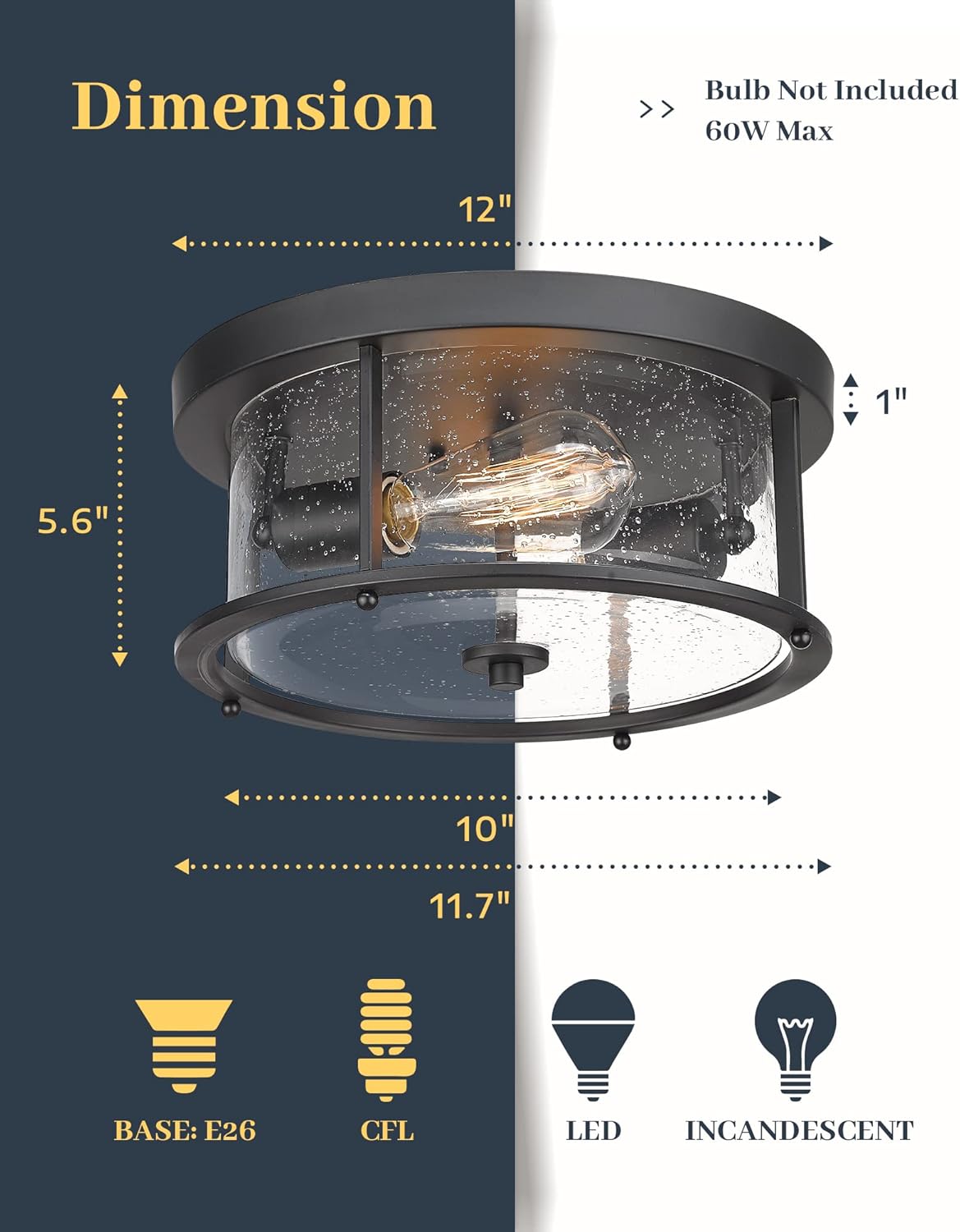 EAPUDUN Flush Mount Ceiling Light Fixtures, 12inch 2-Light Farmhouse Close to Ceiling Light Fixture with Seeded Glass Shade, Matte Black Finish for Porch, Entryway, Bedroom, Foyer,FMA1413-MBK