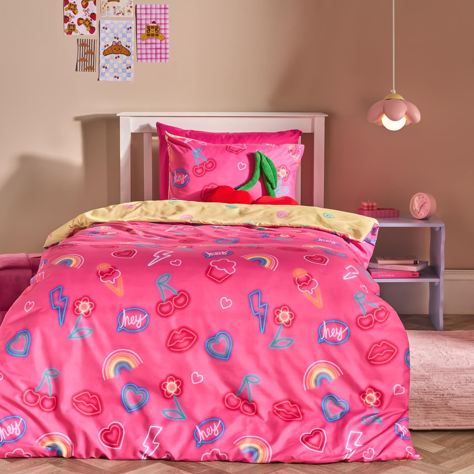 Ohs Girls Magenta - Neon Lights Bedding Double Duvet Set, Super Soft Cosy Warm Microfibre Polyester Neon Lights Kids Bedding Double Quilt Cover Reversible Neon Hearts Kids Duvet Set With Pillowcases, Magenta