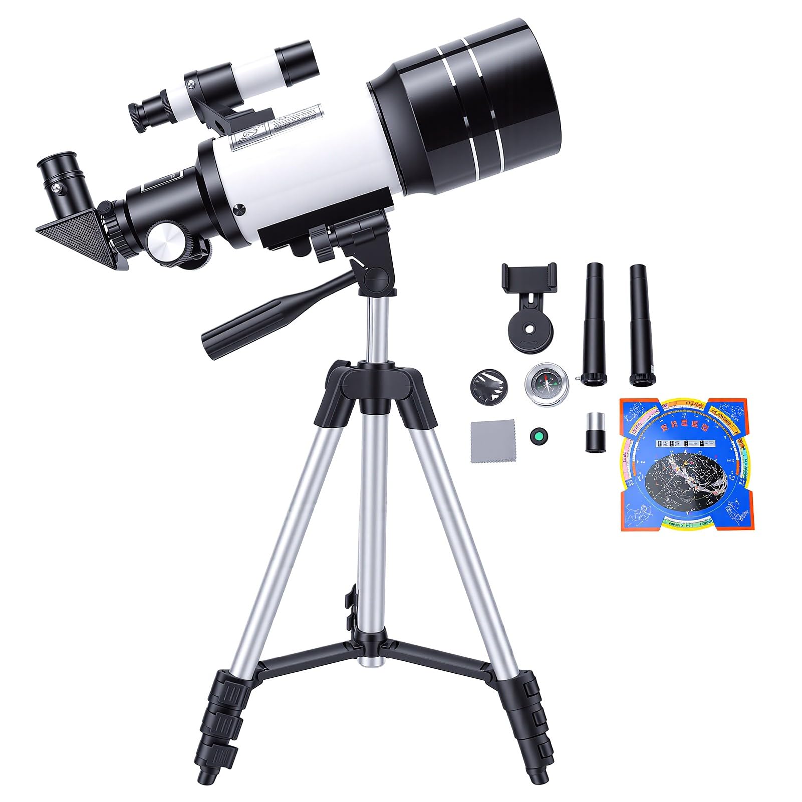 Tbest Teleskop Przenośny 70mm Otwór 300mm Ogniskowa Astronomia 15X 50X