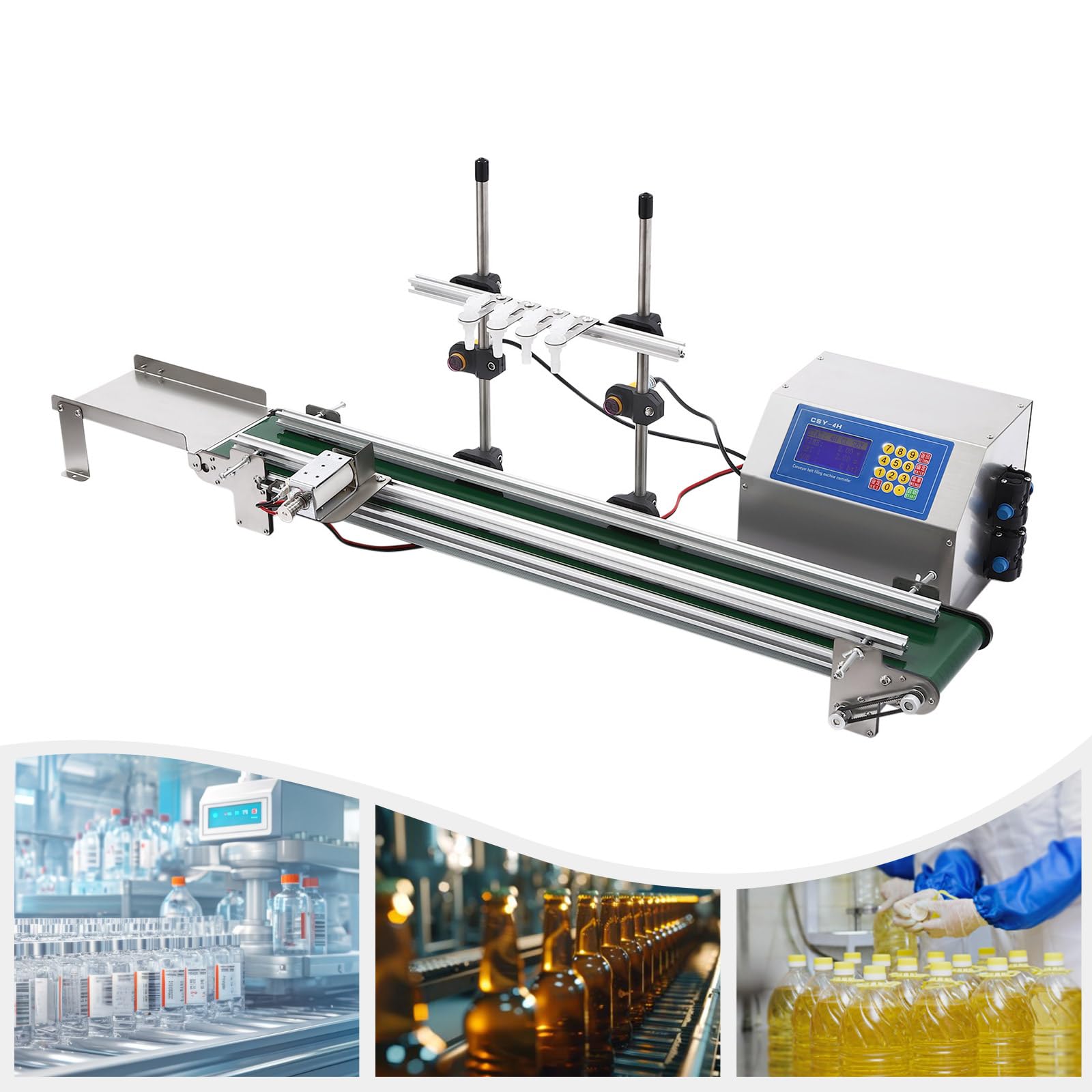 Abfüllmaschine für Flüssigkeiten mit Förderband und 1-4 einstellbaren Fülldüsen für 10-500ml Füllbereich Diaphragmenpumpe 150W geeignet