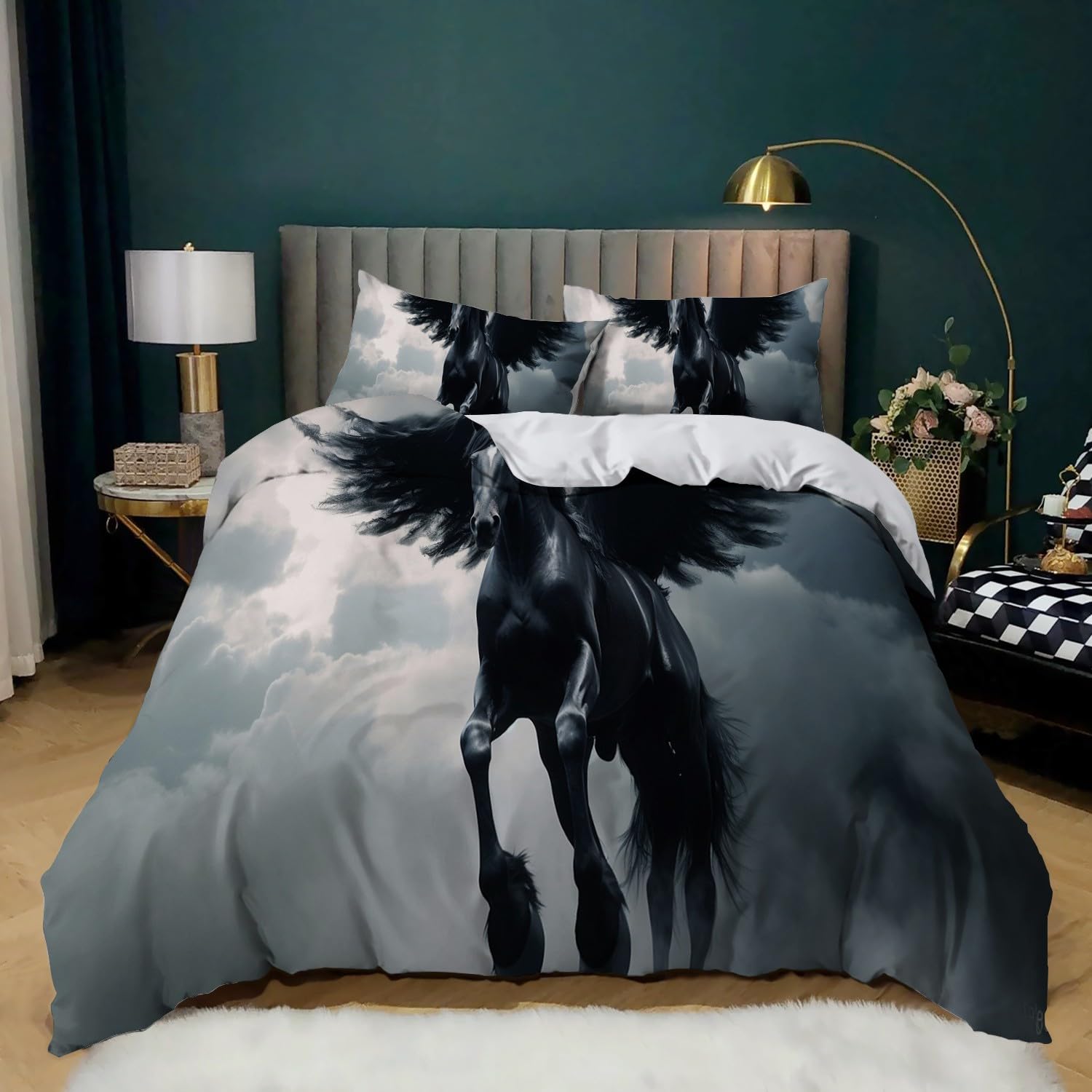 Housse de couette 200x200 cheval noir pour lit 2 personnes avec taies d'oreiller