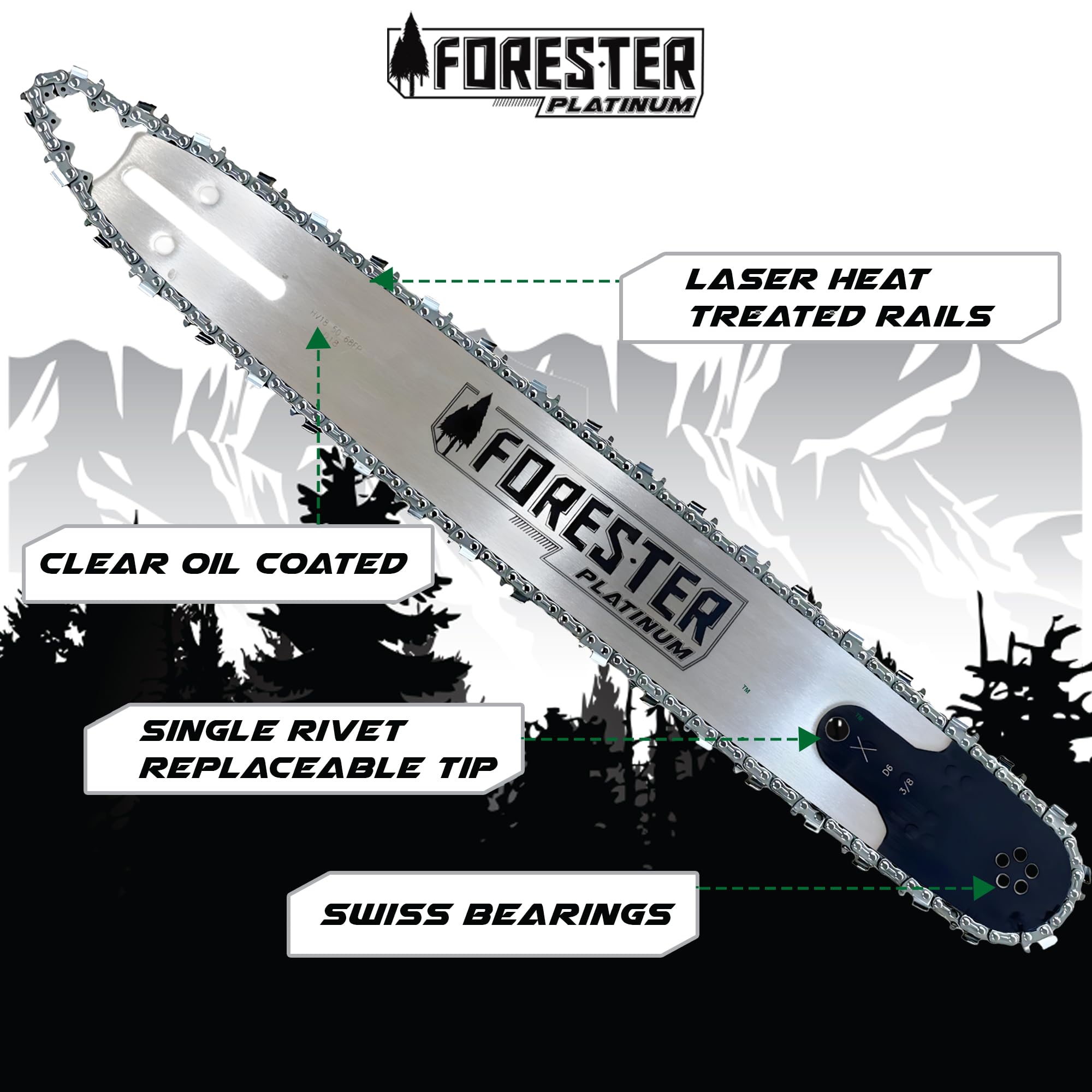 FORESTER Barra guía de motosierra de repuesto platino de 25 pulgadas y cadena – 25 pulgadas de longitud, paso de 3/8 pulgadas, calibre .050, montaje D025, enlace de transmisión 84 – Barras de