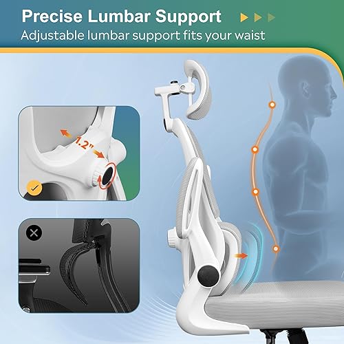 Miniatura 4 de DEVAISE Silla de escritorio ergonómica de malla, soporte lumbar ajustable separado, cojín grande, reposabrazos abatibles, inclinación oscilante de