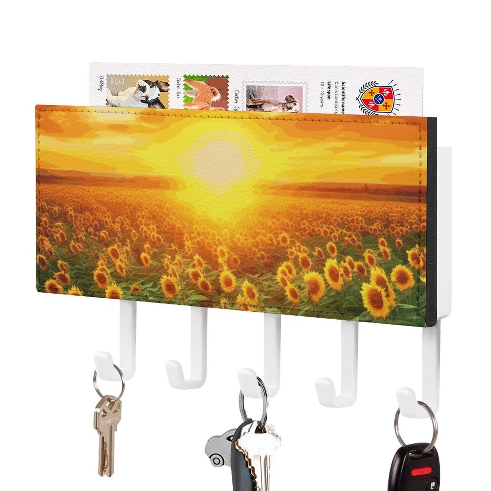 JTREHY Dreamlike Sunset of A Sunflower Field Holder Wall-Mounted Key and Mail Holder,Key Rack with 5Keys Hooks, Easy to Install Mail Organizer for Entryway, Front Door, Hallway, Office
