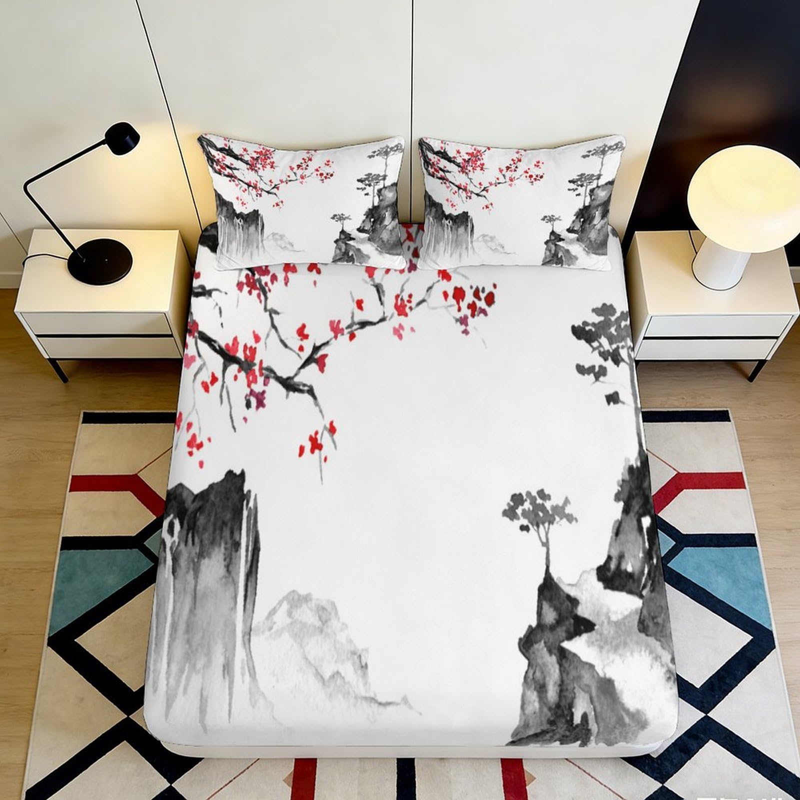 3D Printed Chinese Ink Landscape Fitted Sheet Microfiber Soft Breathable Plum Blossom Bed Cover for Bedroom Guest Room Decor 200x200x25cm