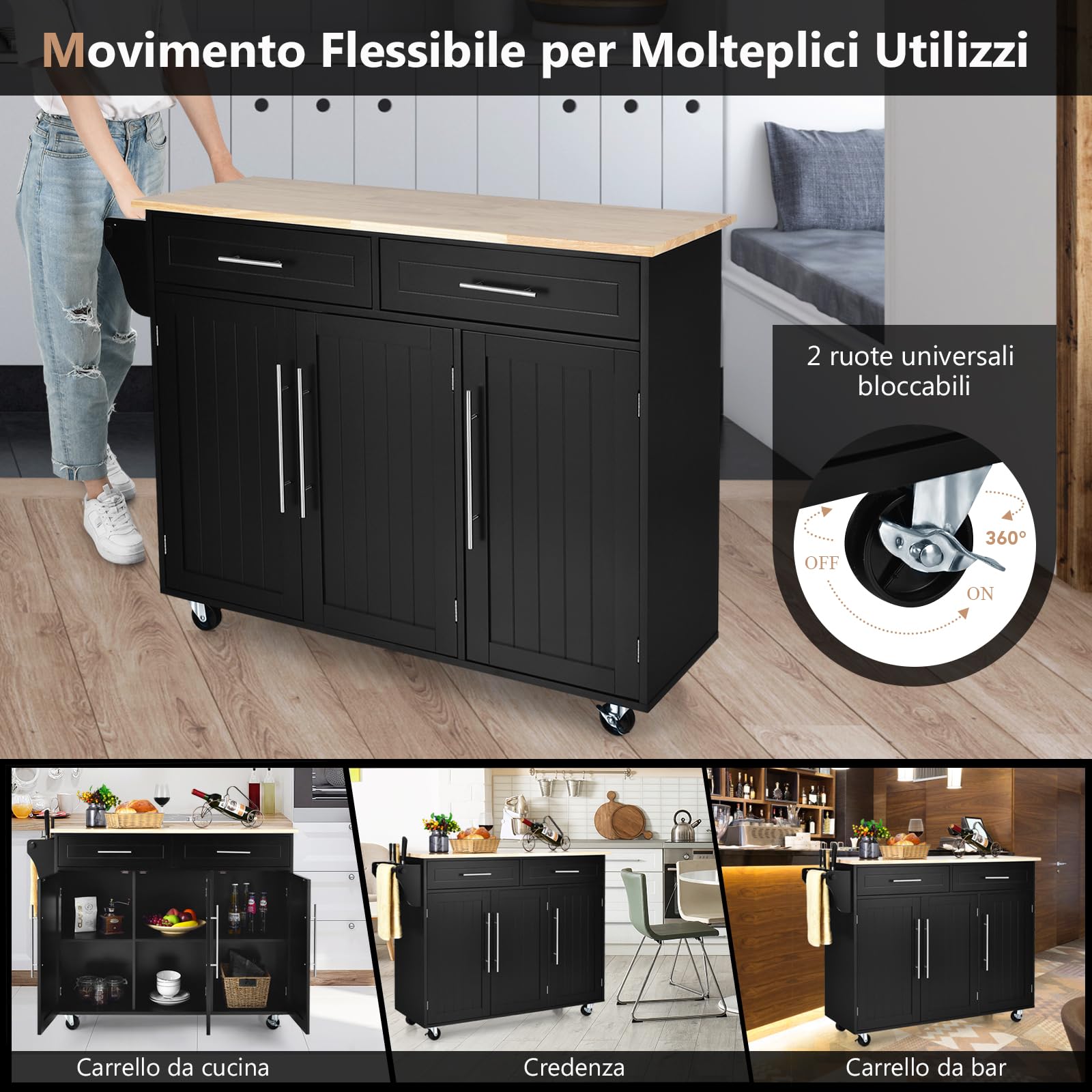 GYMAX Credenza Mobile su Ruote, Carrello Cucina a 3 Ante con Maniglia, Ripiano Ragolabile in Altezza, 2 Cassetti, 6 Cubi Portaoggetti, Portasciugamani, 122x46x92,3 cm, Bianco (Nero)