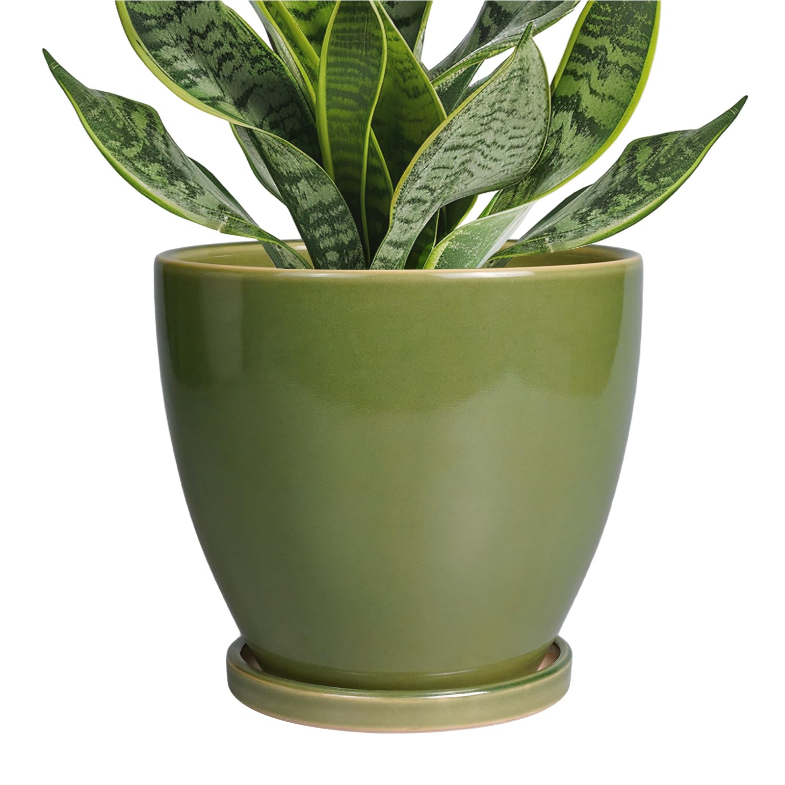 Ceramic Planters for Indoor Plants - 6 Inch Plant Pot with Drainage Hole and Saucer Round Modern Flower Pot Home Garden Patio Decor Green