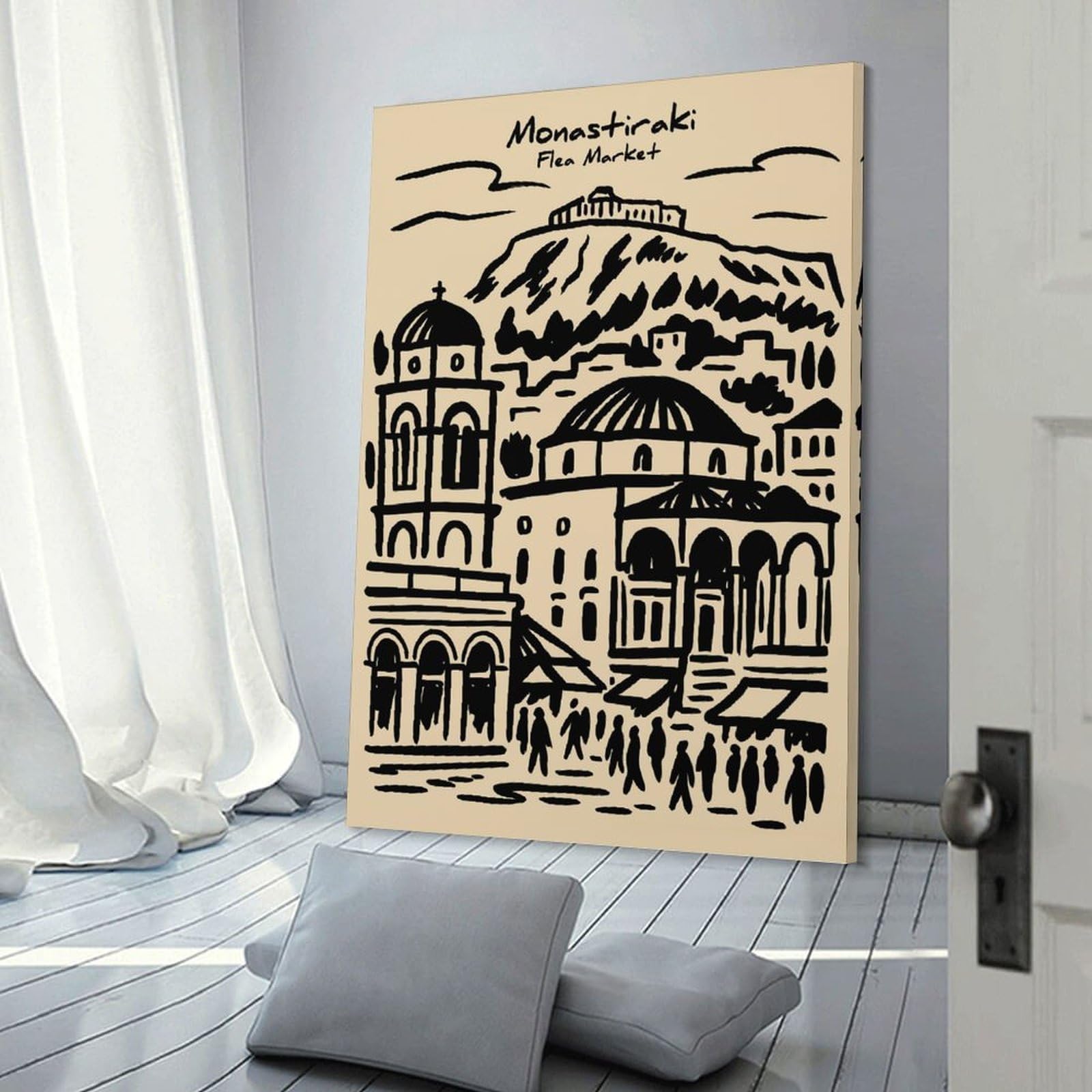 Junmoney Monastiraki Flea Market Sketch Canvas Wall Decor 20x30inch(50x75cm), for Lounge, Bedroom Or Personal Spaces, A Wall Art Gift for Fresh Interiors