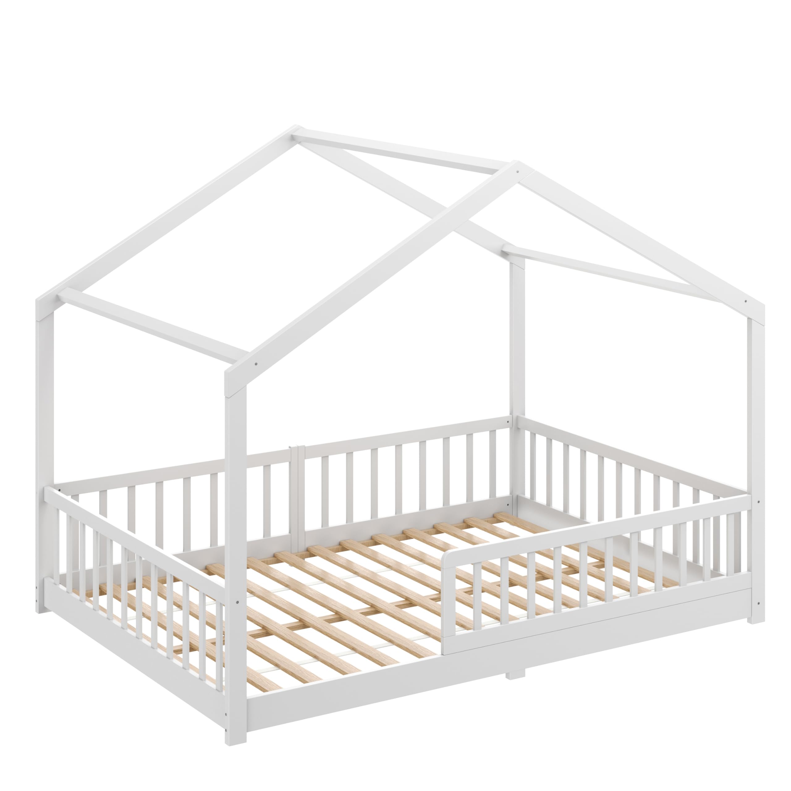 CADANI Malte lit Enfant 140x200 cm – lit cabane avec barrière Amovible, Jusqu’à 200 kg, sommier à Lattes Inclus, lit au Sol Montessori en pin Massif, Blanc