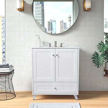 36 Inch White Bathroom Vanity with Ceramic Sink, Freestanding Storage Bathroom Cabinet for Medium-Sized Bathrooms, Vanity with Soft Closing Cabinet