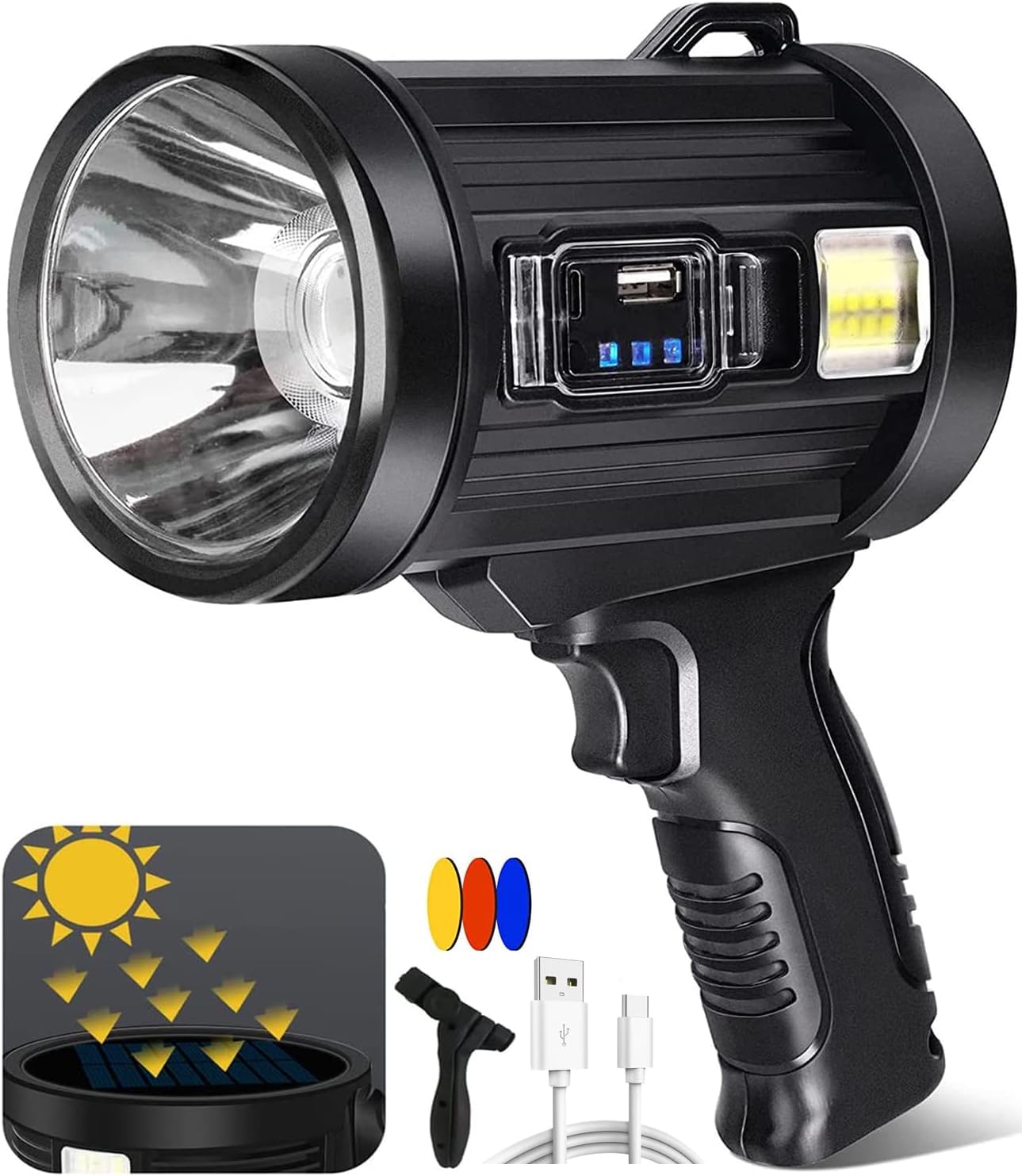 LEVGRY Super Bright Led Rechargeable Torch, 900000 Lumens Super Bright Spotlight, Long Range Searchlight, Solar Powered Rechargeable Torch, Suitable for Outdoor Emergency, Camping, Fishing, Hunting (B0CXJ7SDHS) Amazon Price History, Amazon Price Tracker