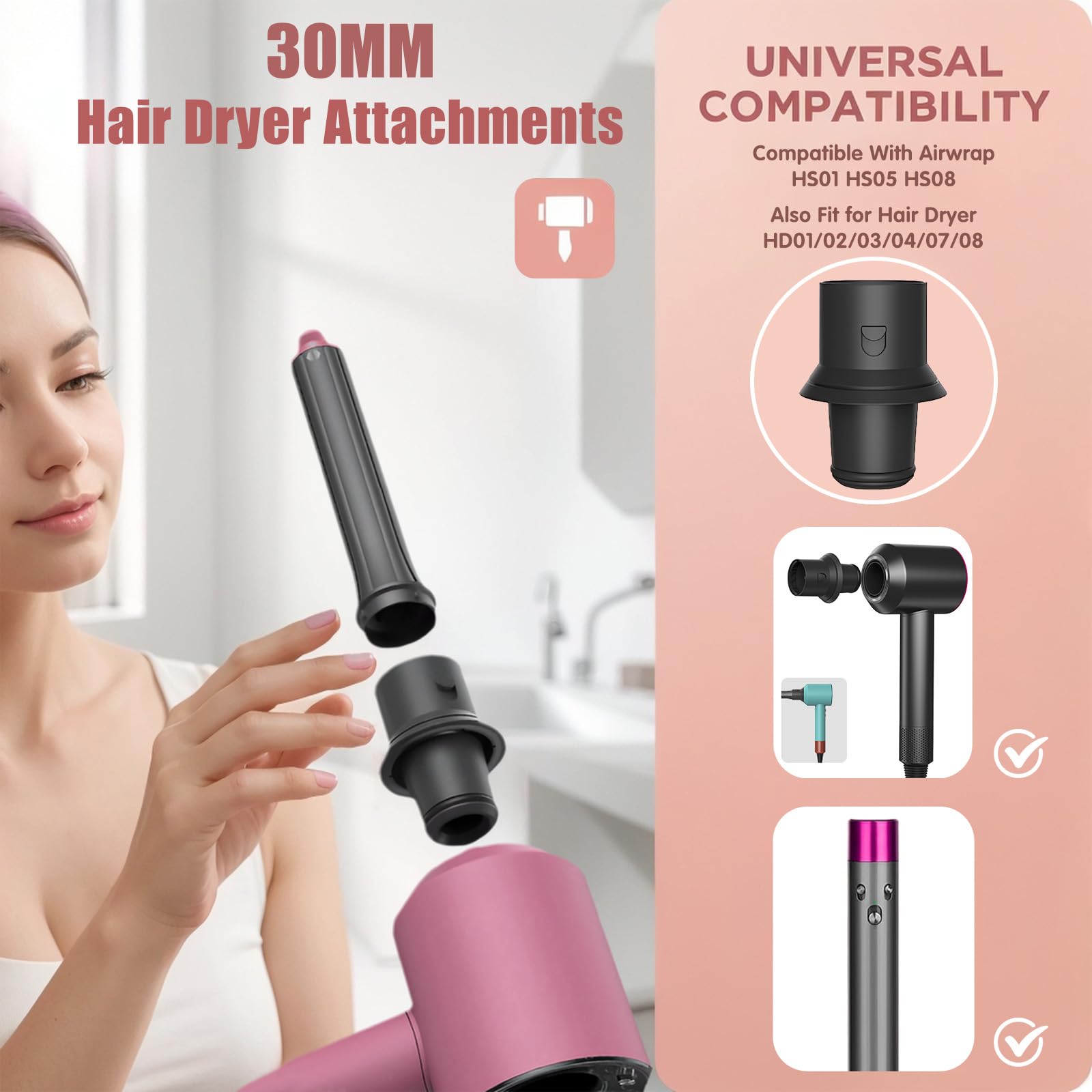 Baril de bouclage de cheveux de 30 mm de long compatible avec Dyson Airwrap HS01 HS05 HS08 et adaptateur pour sèche-cheveux HD01-HD16, accessoires à bouclage automatique pour boucles naturelles