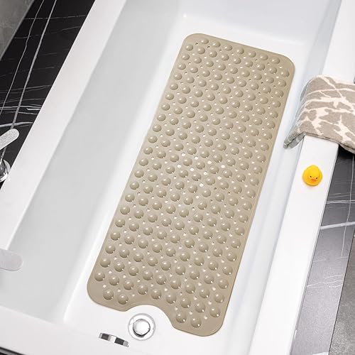 Tapete de ducha antideslizante de 39 x 16 pulgadas, lavable a máquina, grande para baño con ventosas y agujeros de drenaje, color marrón