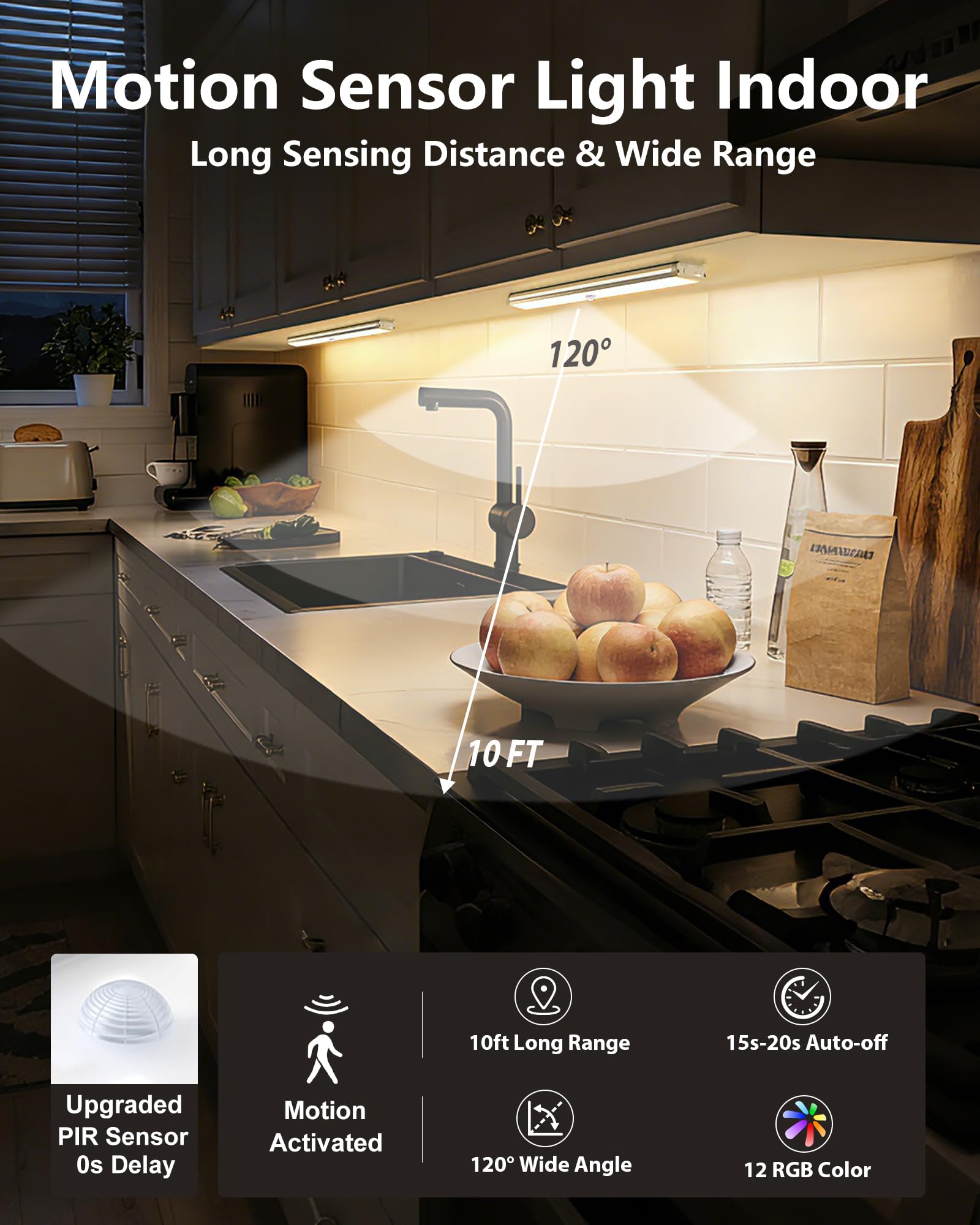 SZOKLED 58 luces LED para debajo del gabinete, inalámbricas, con sensor de movimiento RGB, luces nocturnas con control remoto, 1100 mAh, luces magnéticas debajo del gabinete para cocina, estante