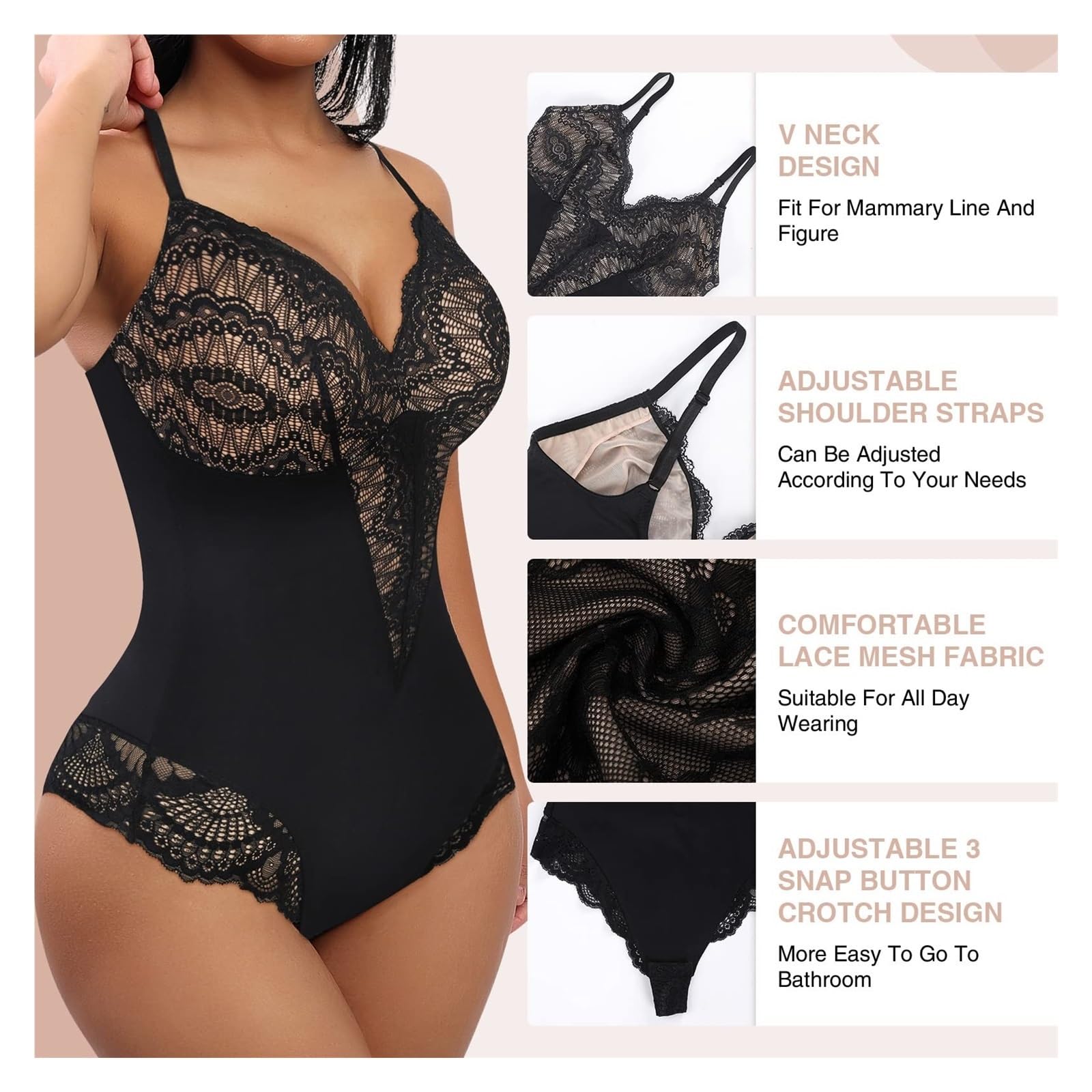 Body in Pizzo per Donna, Modellante, con Scollo a V, Senza Schienale, Contenitivo, Perizoma, Modellante Sexy