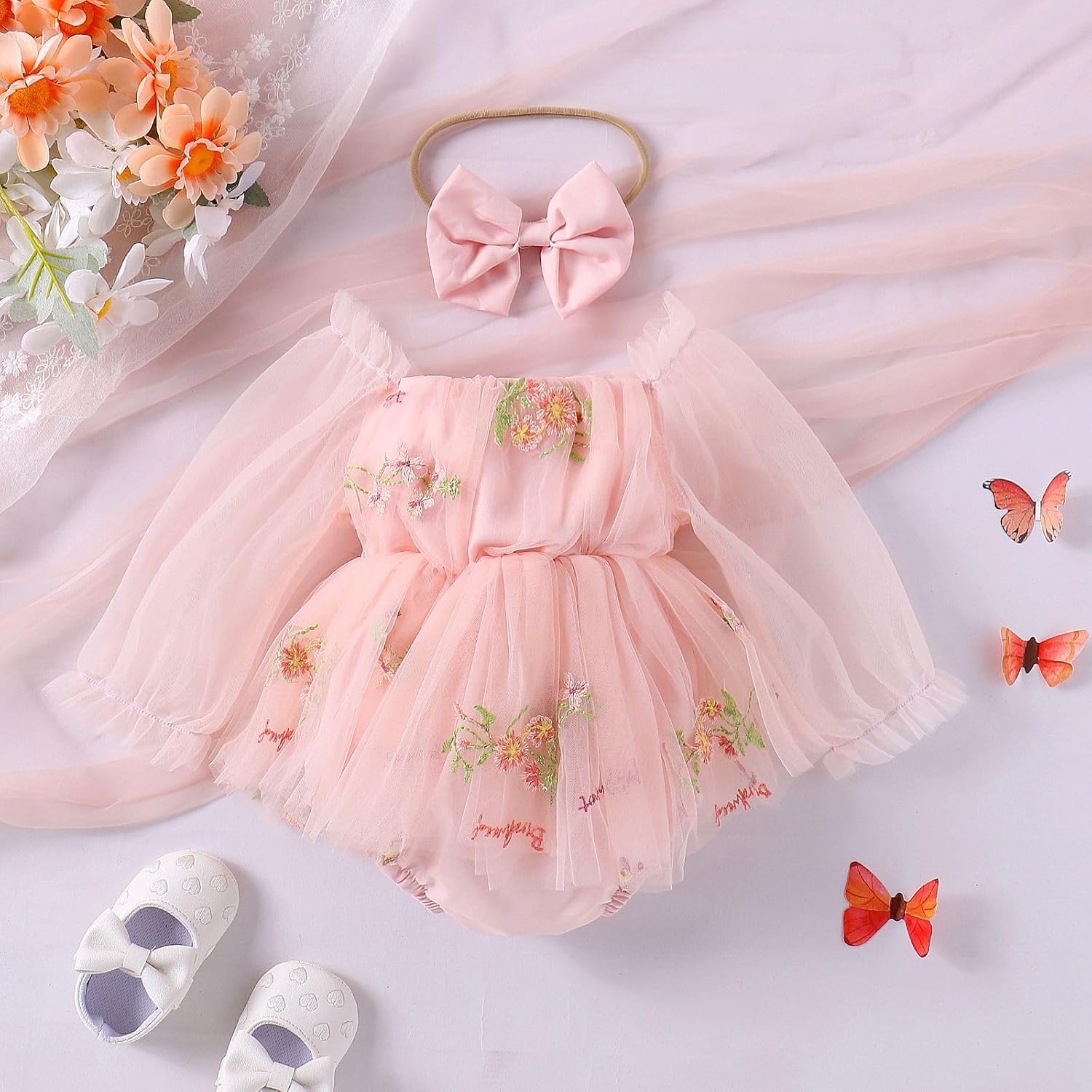 ODASDO Newborn Baby Girl Romper Dress Flower Embroidery Tutu Princess Long Sleeve One-Piece Bodysuit Cake Smash Outfit - Image 4
