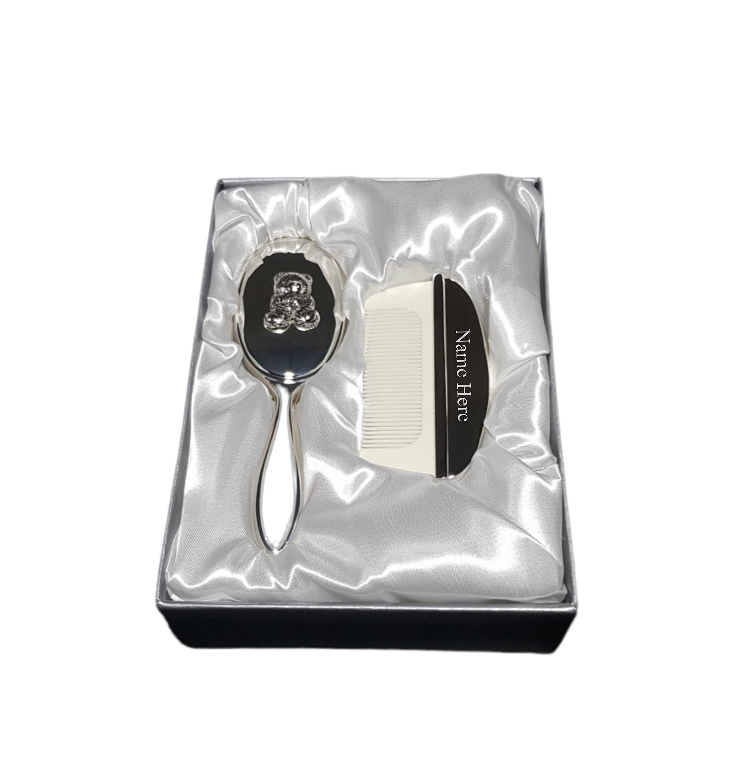 [Custom] Personalised Engraved Silver-Plated Baby Brush & Comb with Teddy Design Gift for Any New Born