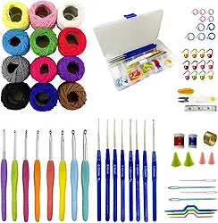 Kit Crochê Completo 16 Agulhas e 12 Linhas de Algodão Colorida Materiais para tricô Conjunto de agulhas Linhas coloridas Artesanal Ferramentas para crochê Trabalho manual para iniciantes Kit de bordado Fio de algodão Crochê criativo Costura e artesanato