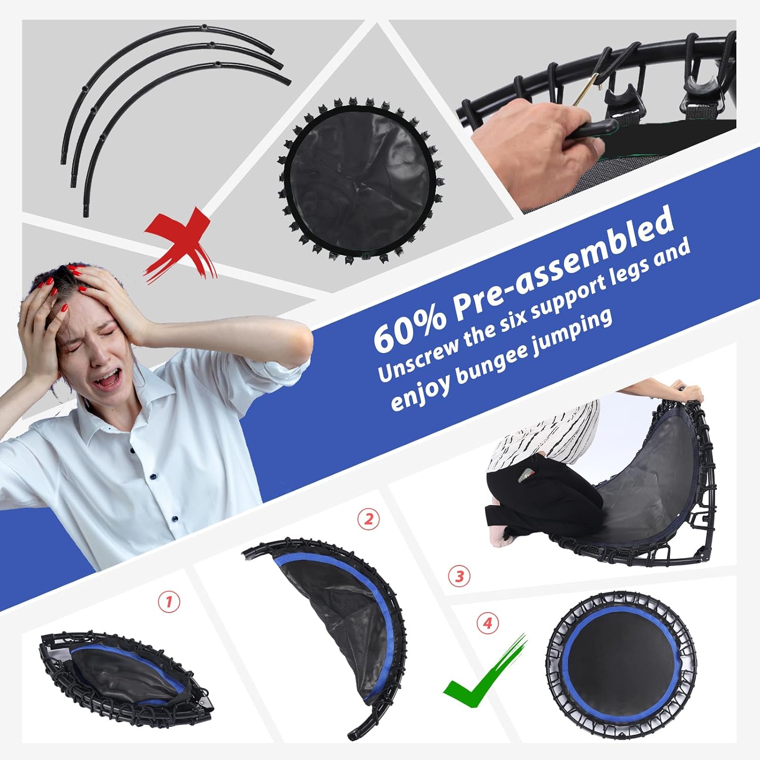 40" Foldable Rebounder Trampoline for Adults - Silent Fitness Bungee Rebounder, Home Exercise Trampoline for Low Impact Cardio, Indoor/Outdoor Portable Workout Trampoline
