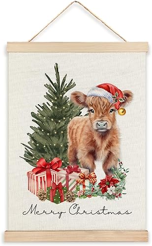 RYYCDOI Decoración navideña de vaca occidental, arte de pared de vaca de las tierras altas de Feliz Navidad, decoración de pared de Navidad de vaca