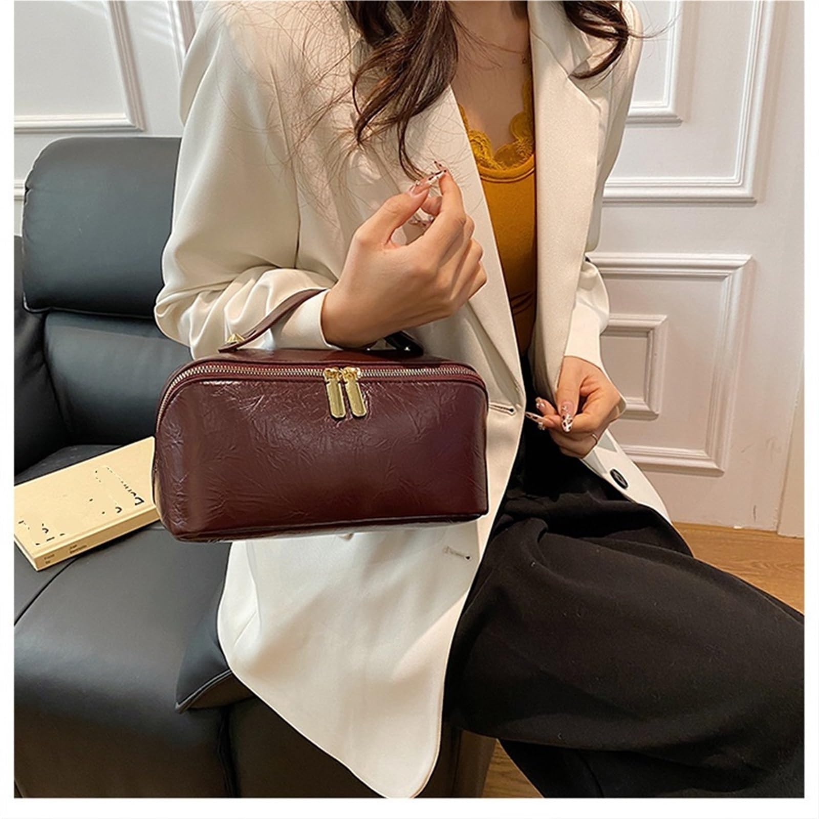Borse da viaggio in pelle for cosmetici, borsa multifunzionale for il lavaggio e il trucco da donna(Black)