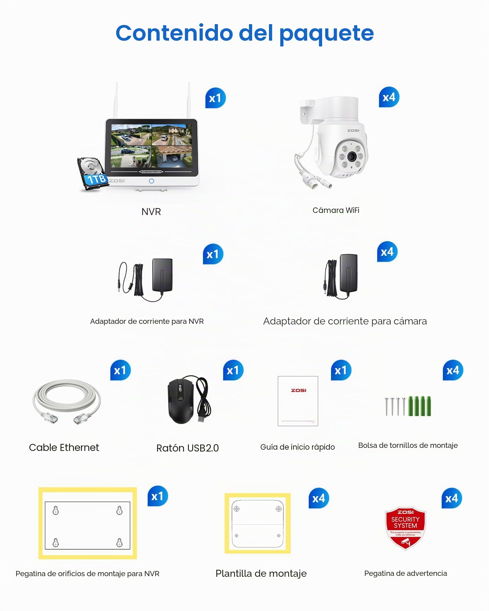 ZOSI 5MP Kit Cámaras de Vigilancia WiFi6 con 12” Monitor, 8CH 4K NVR y 1TB HDD con 4X Cámara IP Exterior Pan y Tilt de 360°, Detección y Seguimiento de Personas, Audio Bidireccional