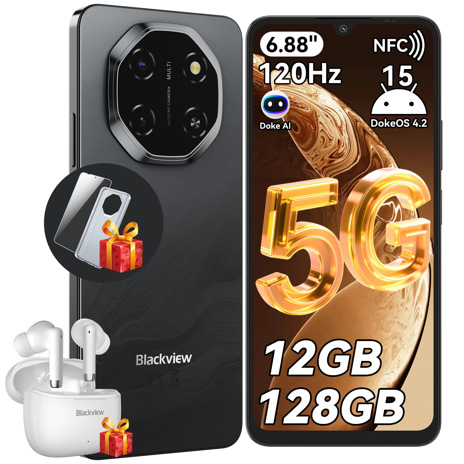Blackview Shark 6 Unlocked Phones, 5G T-Mobile Phones, 6.88" 120Hz 12GB+128GB/2TB, Android 15 Phone 16MP+8MP AI Camera 5000mAh/18W Cell Phone, Fingerprint/Eye Comfort Celulares GPS/OTG/NFC B