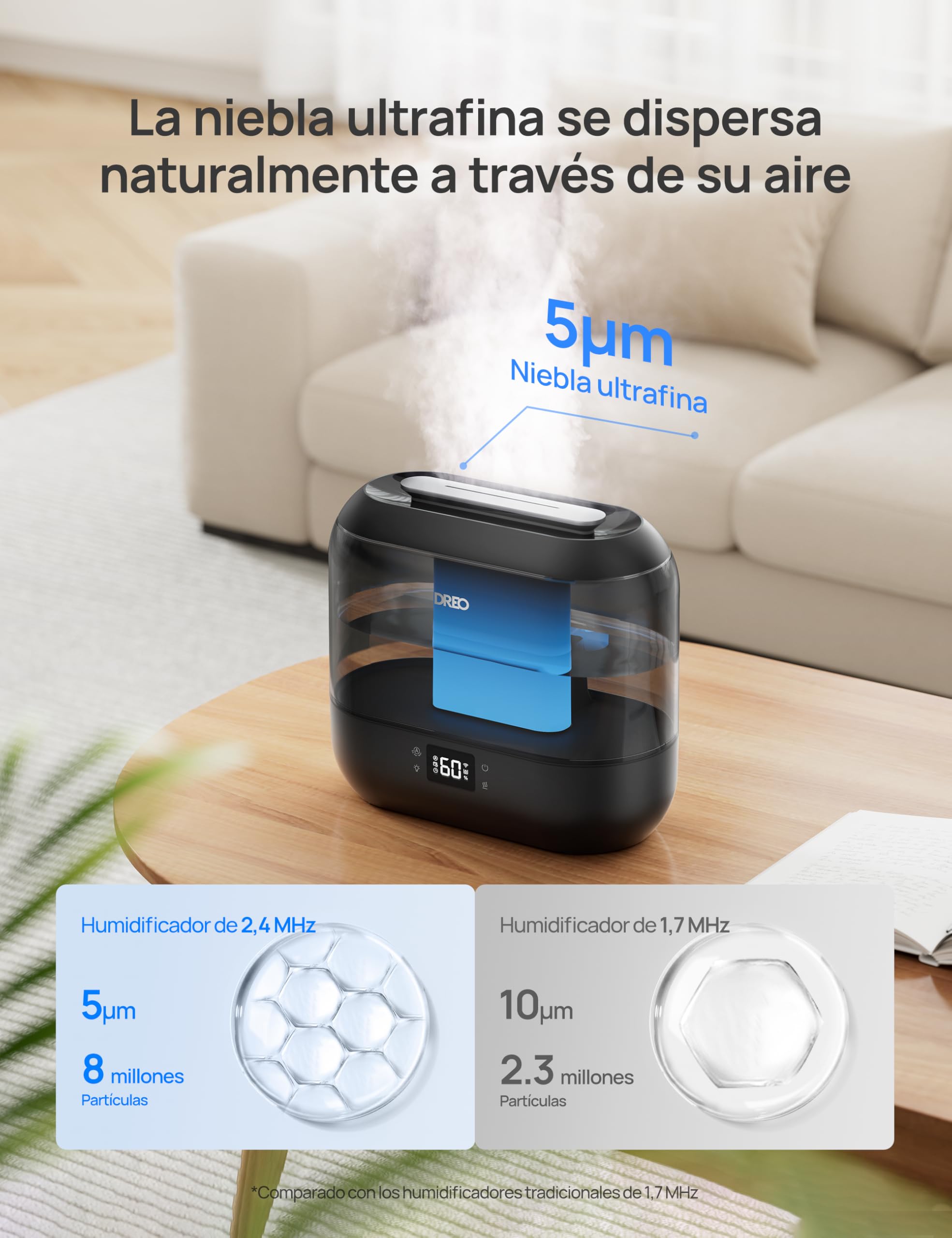 Dreo Humidificador inteligentes para dormitorio, humidificador de vapor frío de 4 litros con difusor de aceite y luz nocturna, 32 horas de autonomía, humidificadorsilenciosos para el hogar, la oficina