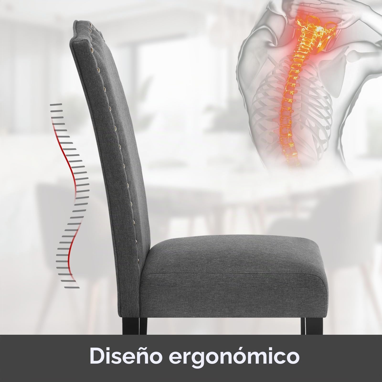 WOLTU Juego de 6 Sillas de Comedor,Lino, Gris Oscuro | Moderna,Vintage,con Remaches,con Respaldo Asiento
