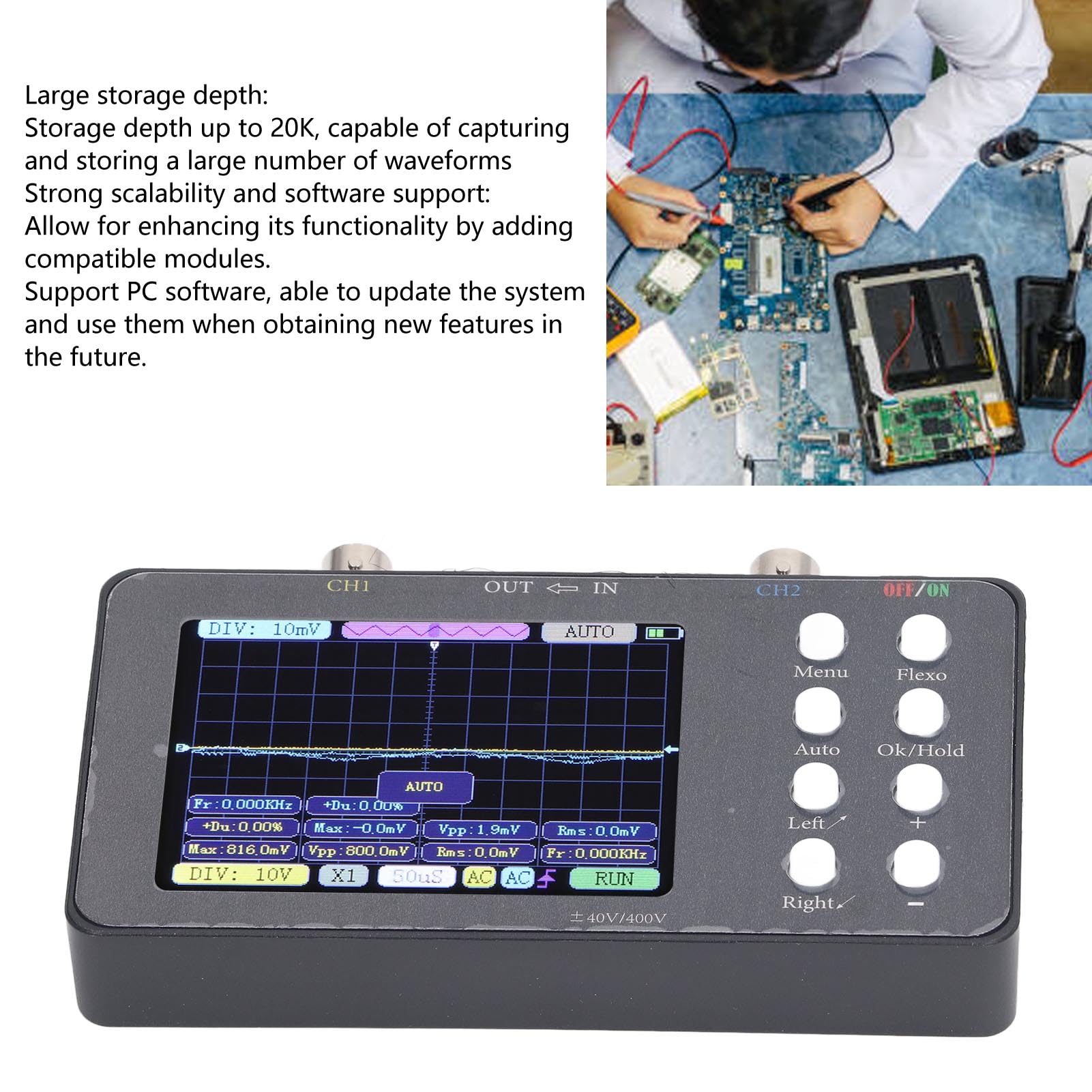 Osciloscopio Digital 2 Canales 3.2 Pulgadas LCD 50M/1CH Frecuencia de Muestreo 10MSa/S Ancho de Banda Analógico 20KB Kit de Osciloscopio de Almacenamiento Osciloscopio Digital 5V 2