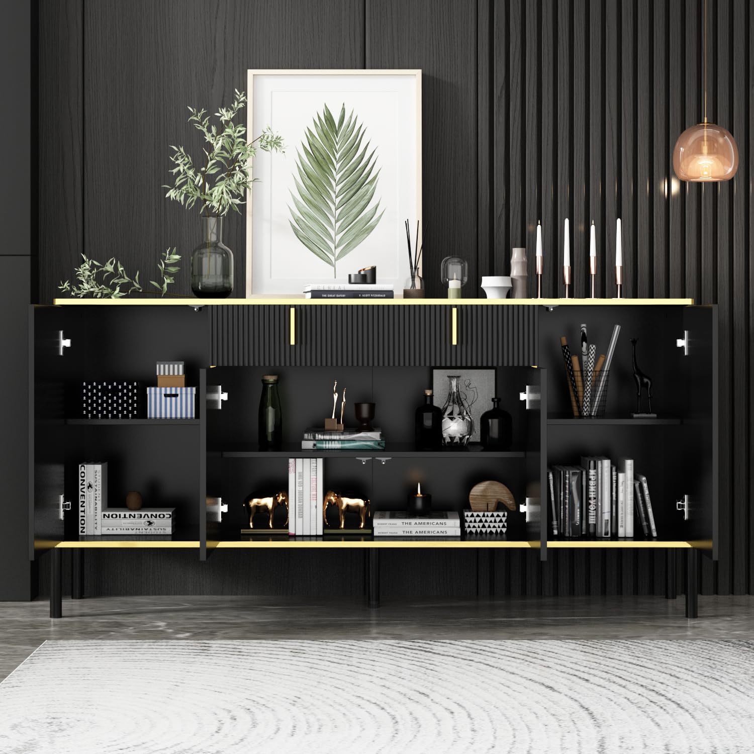 Credenza con 4 ante e 1 cassetto, ripiano regolabile, cassettiera, armadio da cucina, buffet con gambe in metallo per ingresso