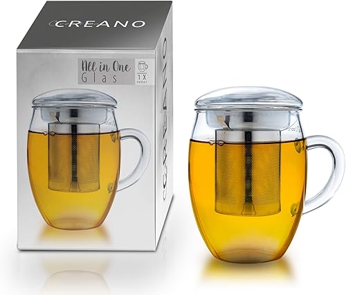 Creano Vaso de té con infusor de acero inoxidable y tapa de vidrio - 14oz (13.5 fl oz)