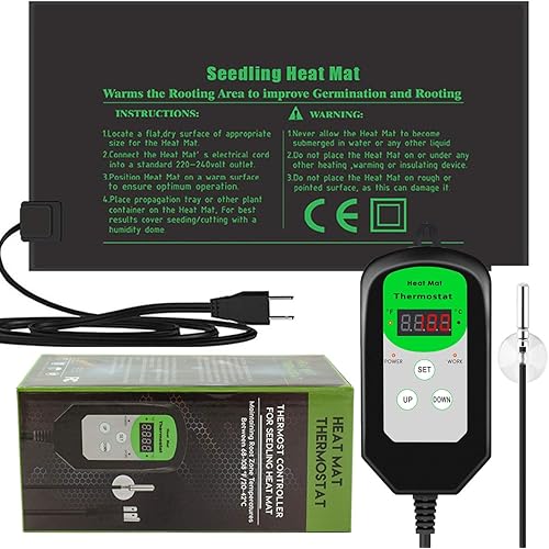 RIOGOO 9.5"x20.5" Seedling Heat Mat and Thermostat Controller 68-108°F Digital Thermostat Controller IP68 Waterproof (Heated mat+Thermostat Controller)