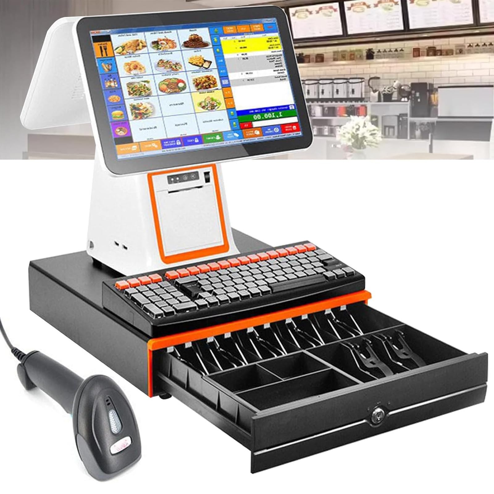 Sistema TPV para pequeñas Empresas, Caja registradora Todo en uno con Pantalla táctil Dual, escáner de código de Barras, Impresora y cajón de Efectivo, Caja registradora TPV con pa