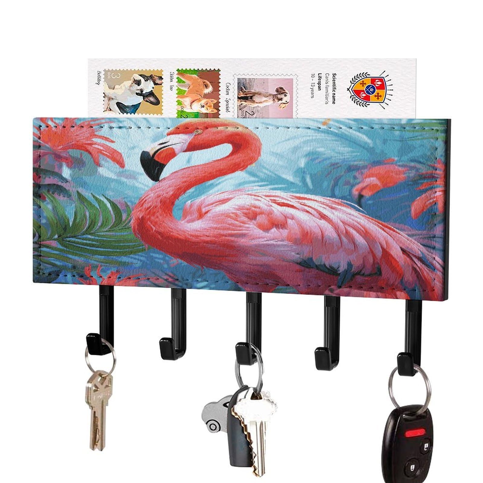 FekiLoot Painted Flamingo Key Holder for Wall Decorative Mail Organizer with 5 Key Hook Self Adhesive Key Rack with Tray Coat Rack Wall Mount Key Hanger Decor for Entryway Door