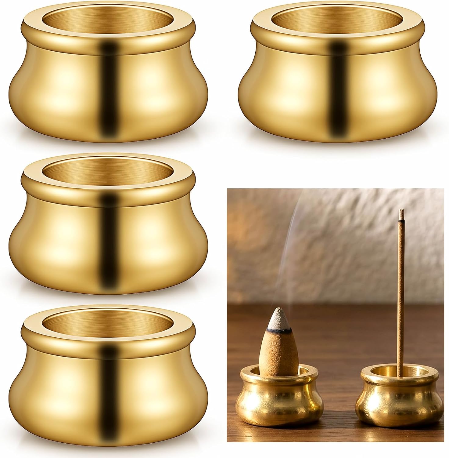4Pcs Mini Cone Incense Holder, Gold Burner with Stick Plate