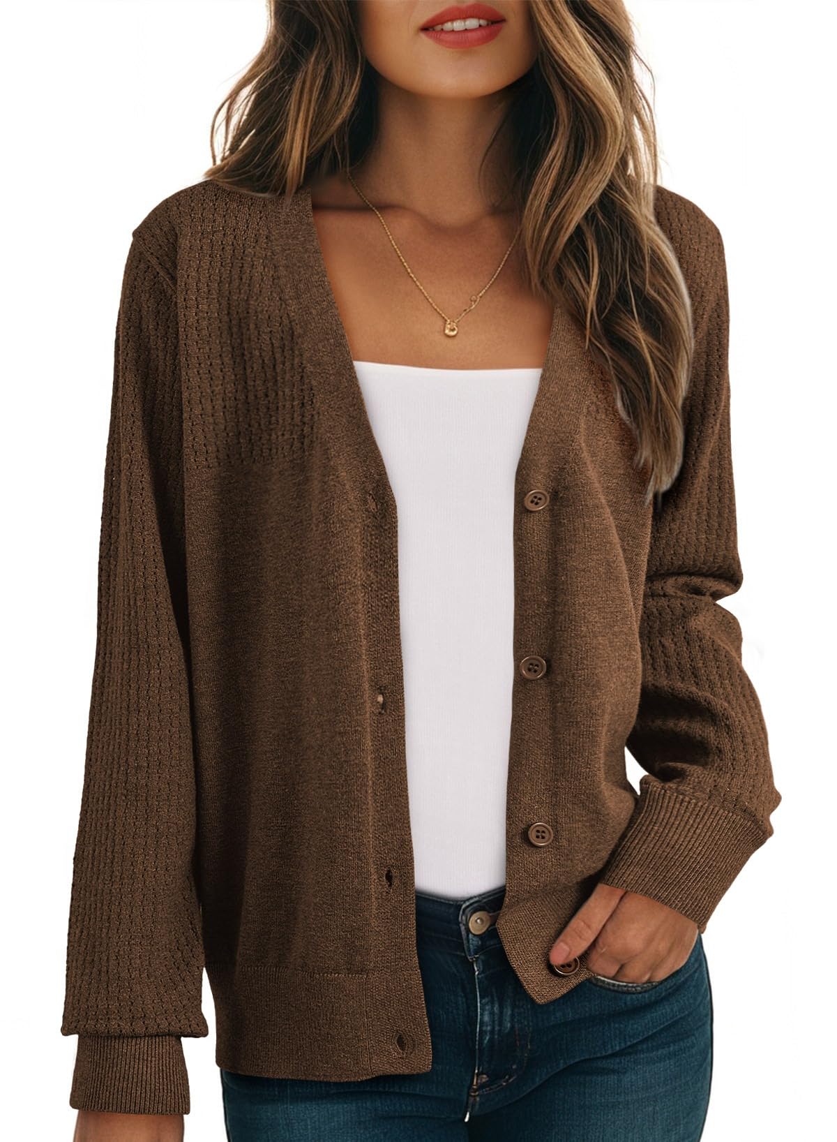 Dokotoo Womens Cardigan Wool Blend Long Sleeve Button Down Sweaters for Women Casual Hollow Out Knit Tops